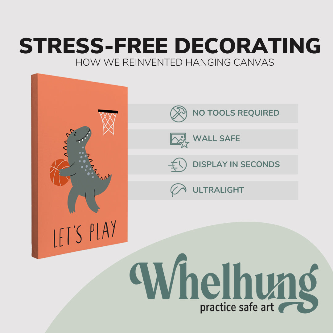 Nursery Boho Let's Play Basketball - Dinosaur - Canvas Print Gender Neutral Kids Room Wall Art Décor Whelhung