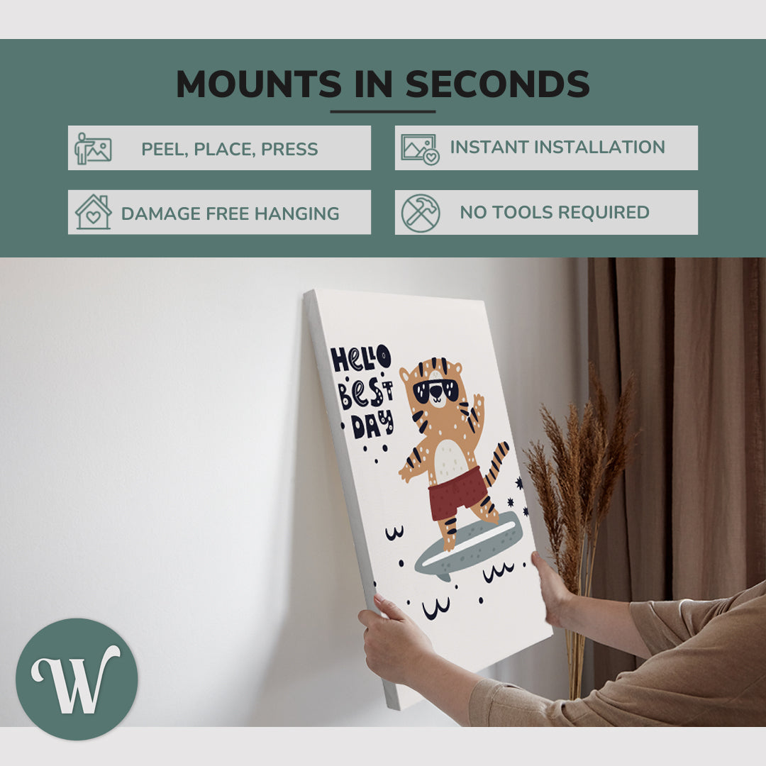 Nursery Boho Tiger Surfboarder - Hello Best Day - Canvas Print Gender Neutral Kids Room Wall Art Décor Whelhung