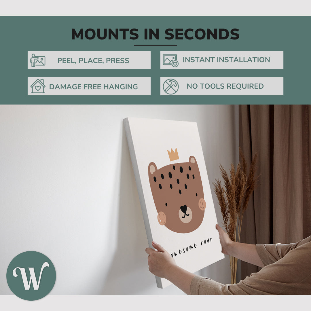 Nursery Boho Spotted Bear - Awesome Roar - Canvas Print Gender Neutral Wall Art Décor Whelhung