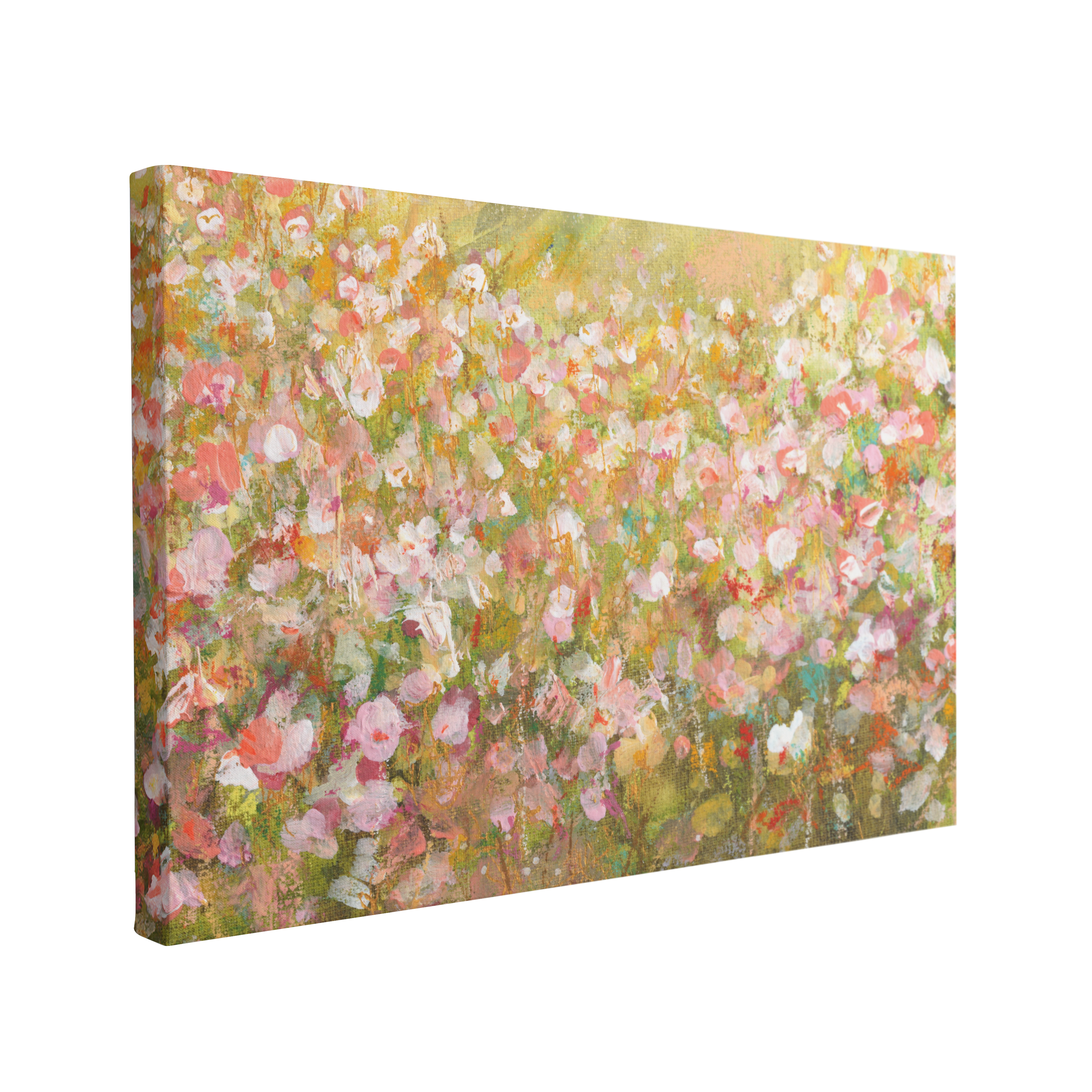 single, 2:3 horizontal easy to hang canvas print on a transparent background featuring an image of an abstract painting of pink spring flowers in a yellowing field