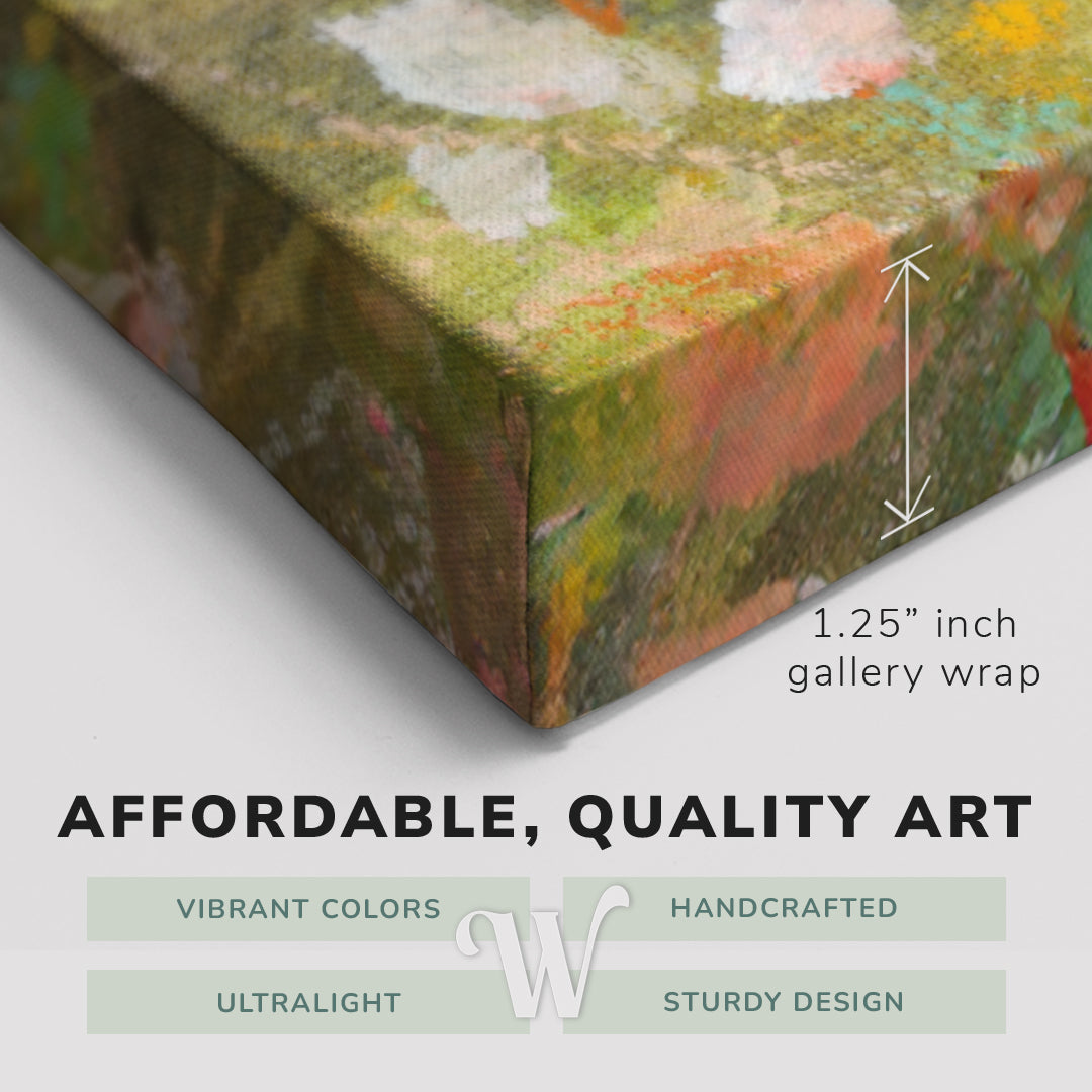 Corner shot of a Whelhung easy to hang canvas print showing the 1.25" inch gallery wrap thickness and graphic saying "Affordable, Quality Art", "Vibrant Colors", "Handcrafted", "Ultralight" and "Sturdy Design."
