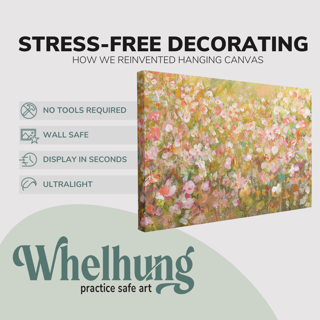 single, 2:3 horizontal easy to hang canvas print on a graphic displaying the stress-free decorating Whelhung offers, how we reinvented hanging canvas: "no tools required", "wall safe"", "display in seconds" and "ultralight."