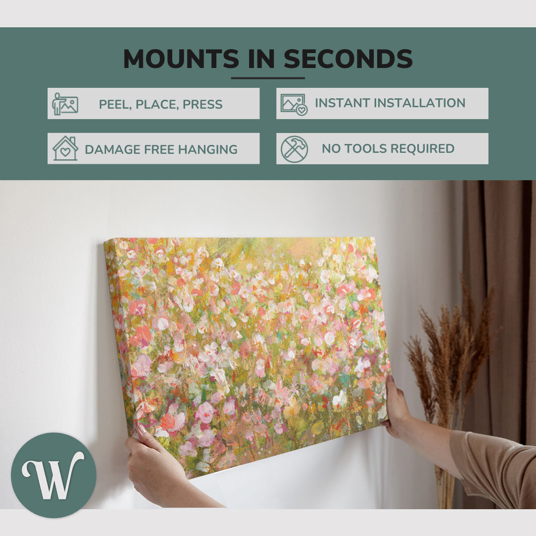 graphic showing hanging a single 2:3 horizontal 20x30 inch easy to hang canvas showing how easy it is to hang. Mounts in seconds, "peel, place, press", "instant installation", "damage free hanging" and "no tools required."