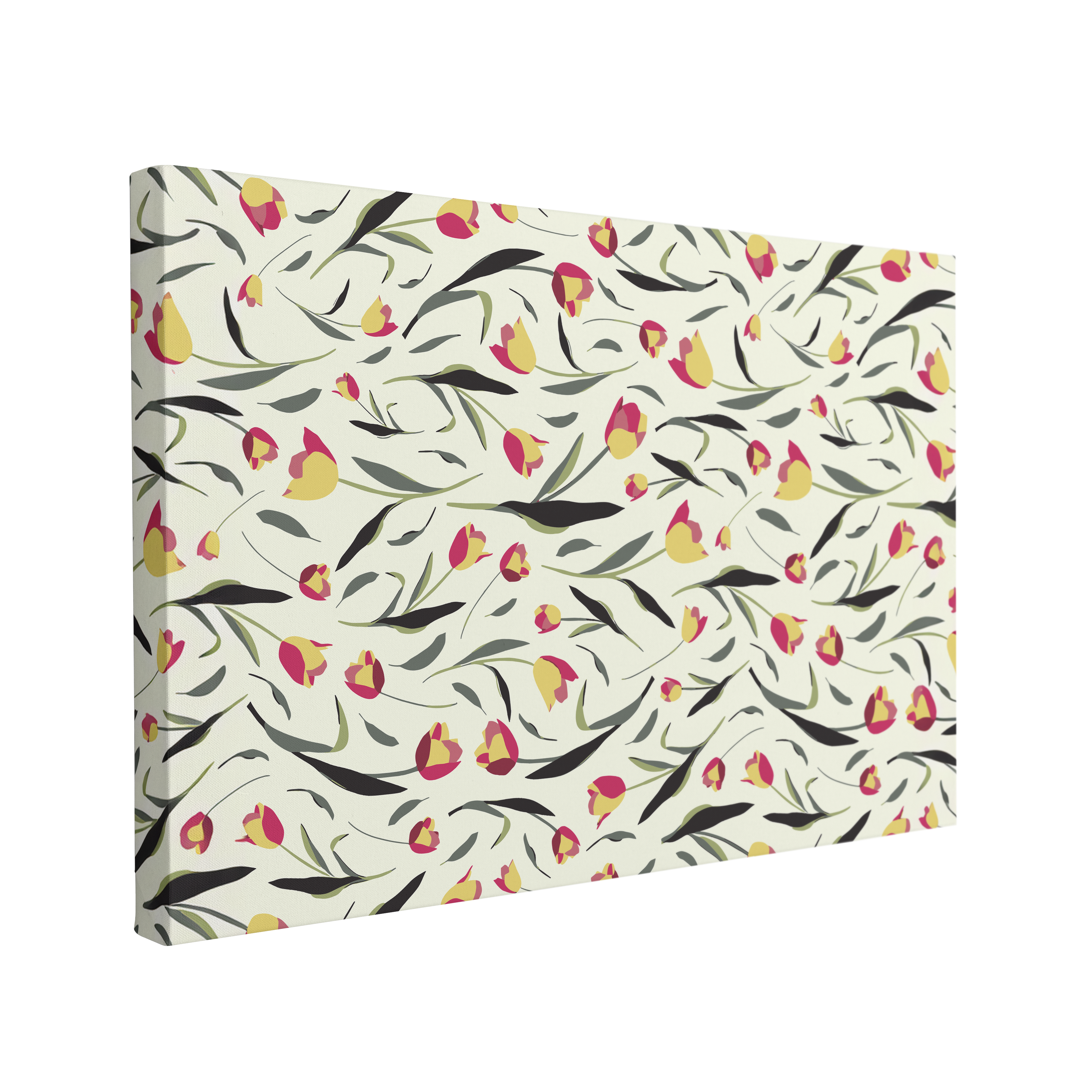 single, 2:3 horizontal easy to hang canvas print on a transparent background featuring an image of a pattern of minimalist graphic interpretations of yellow and red tulips horizontally placed in a maximalist design
