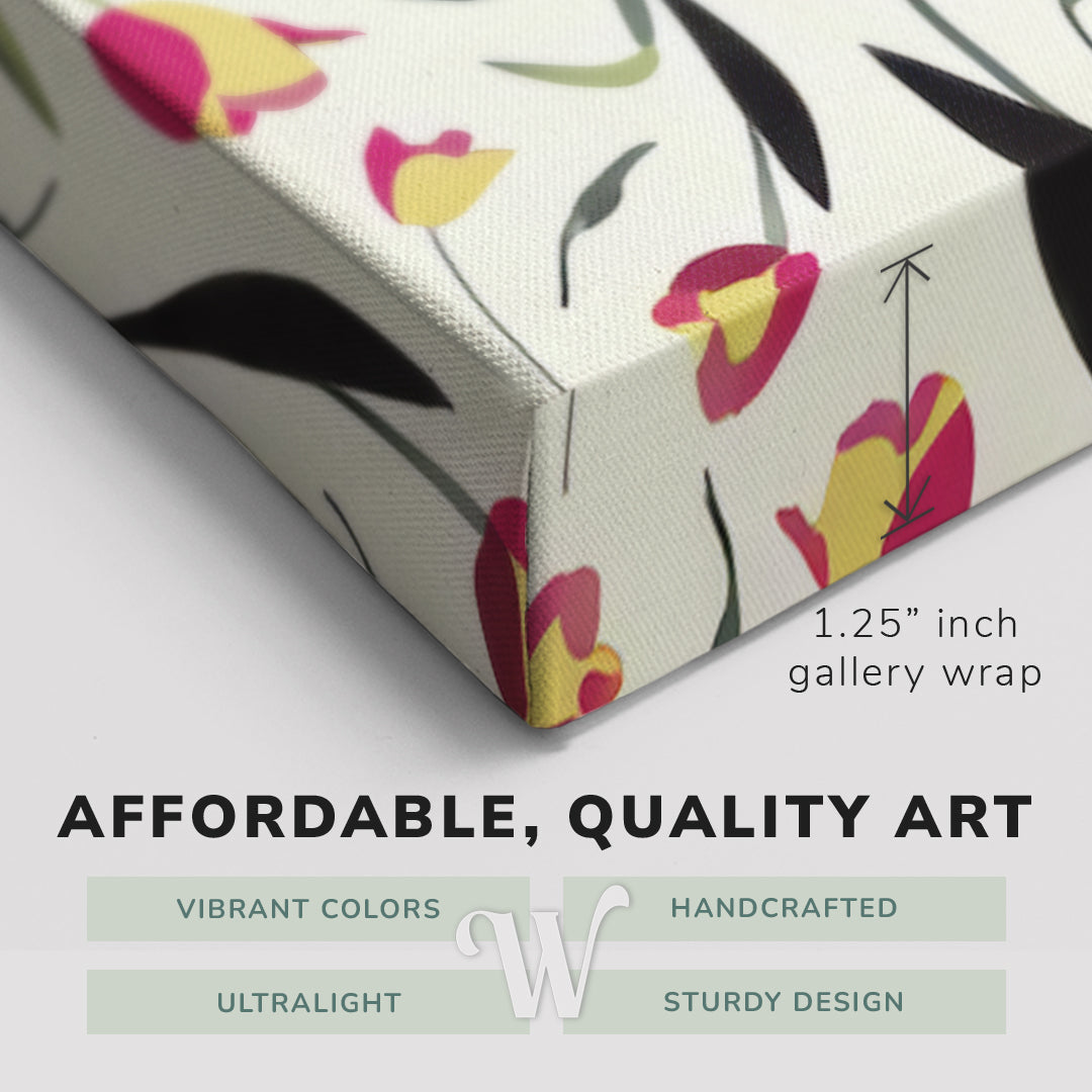 Corner shot of a Whelhung easy to hang canvas print showing the 1.25" inch gallery wrap thickness and graphic saying "Affordable, Quality Art", "Vibrant Colors", "Handcrafted", "Ultralight" and "Sturdy Design."