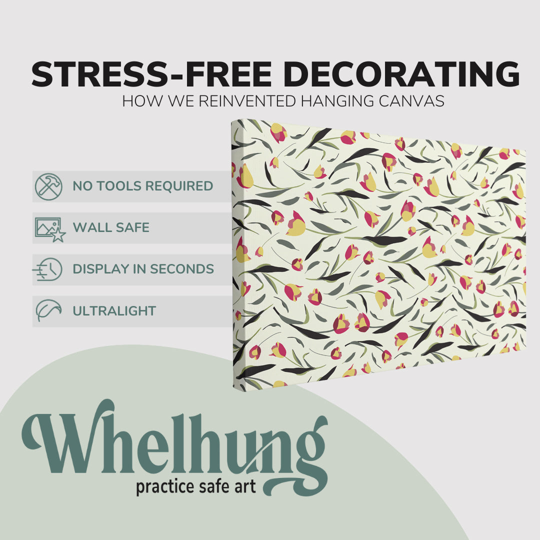 single, 2:3 horizontal easy to hang canvas print on a graphic displaying the stress-free decorating Whelhung offers, how we reinvented hanging canvas: "no tools required", "wall safe"", "display in seconds" and "ultralight."
