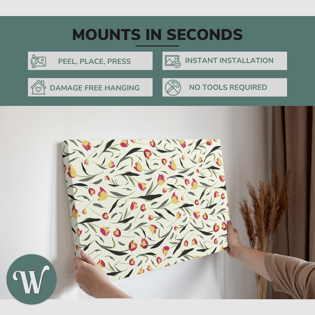 graphic showing hanging a single 2:3 horizontal 20x30 inch easy to hang canvas showing how easy it is to hang. Mounts in seconds, "peel, place, press", "instant installation", "damage free hanging" and "no tools required."