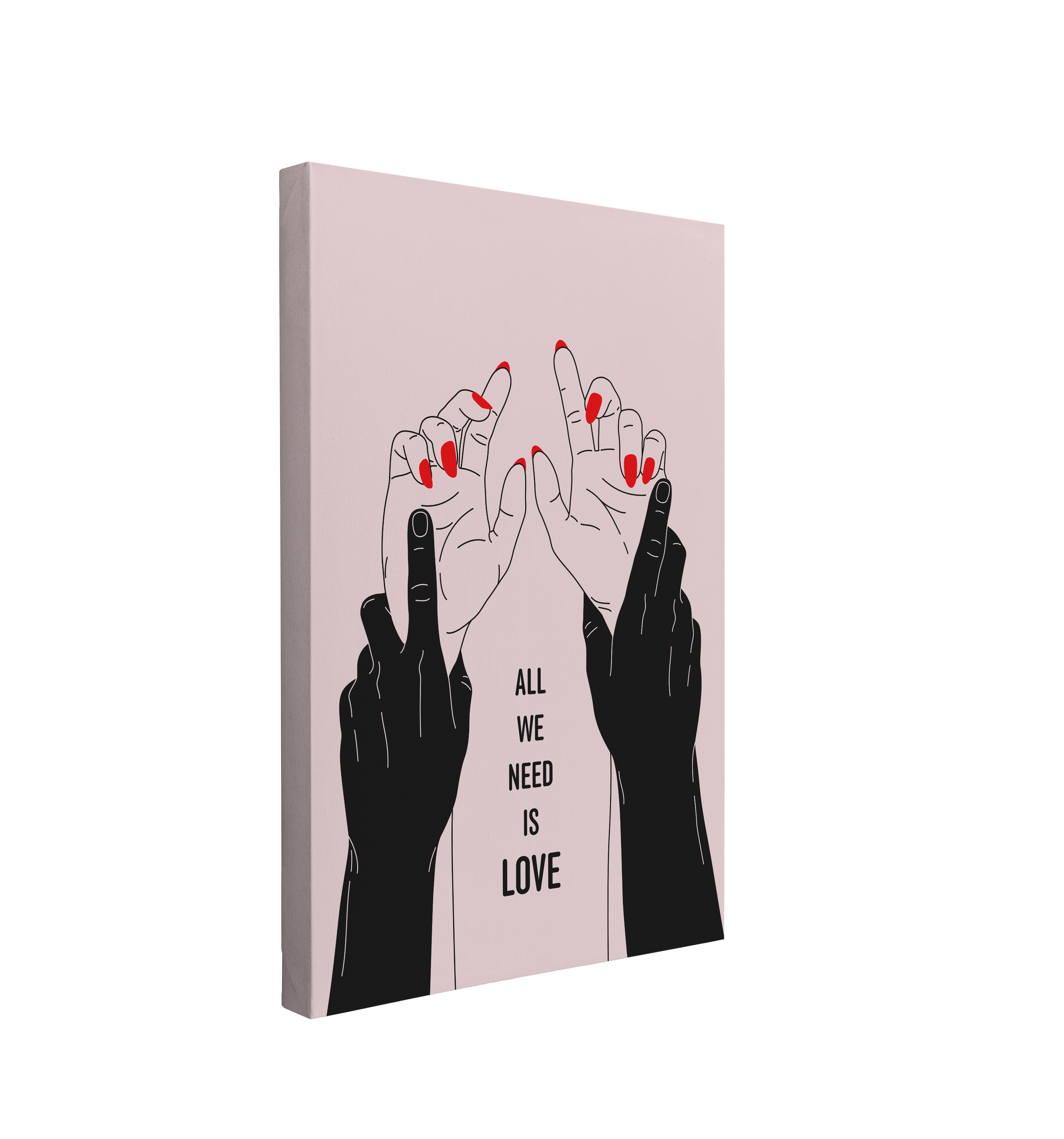 single, 2:3 vertical easy to hang canvas print on a transparent background featuring an image of blank hands holding down white hands with red nail polish with font, "All We Need is Love"