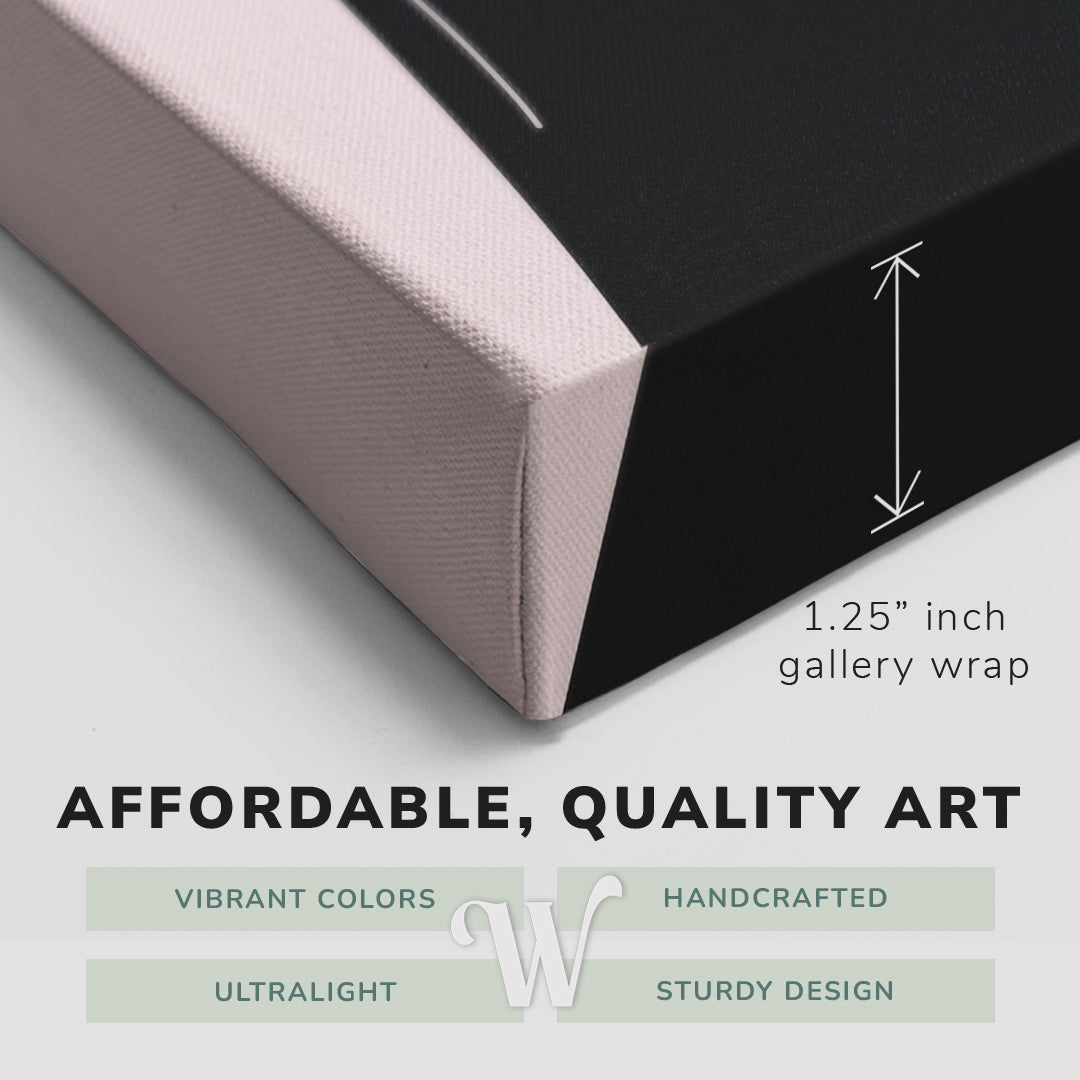 Corner shot of a Whelhung easy to hang canvas print showing the 1.25" inch gallery wrap thickness and graphic saying "Affordable, Quality Art", "Vibrant Colors", "Handcrafted", "Ultralight" and "Sturdy Design."