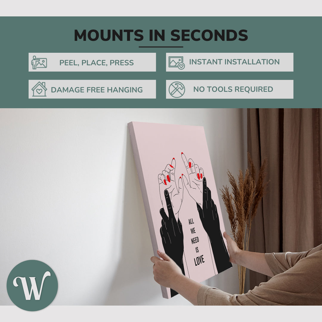 graphic showing hanging a single 2:3 vertical 20x30 inch easy to hang canvas showing how easy it is to hang. Mounts in seconds, "peel, place, press", "instant installation", "damage free hanging" and "no tools required."