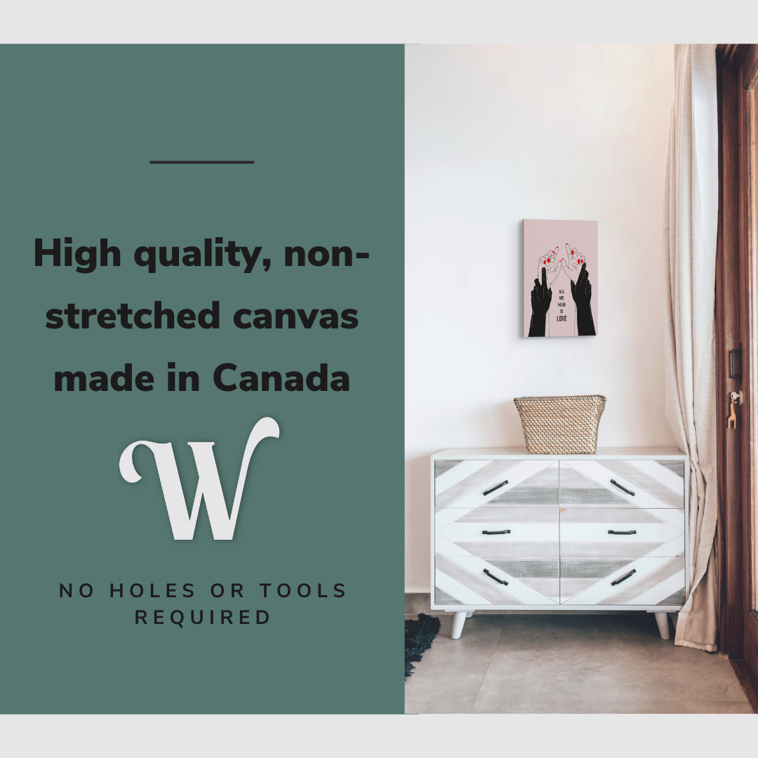 Lifestyle image of the vertical, 12x18 inch easy to hang canvas wall art hung in in a bedroom hung over a dresser with graphic saying "High quality, non-stretched canvas made in Canada"