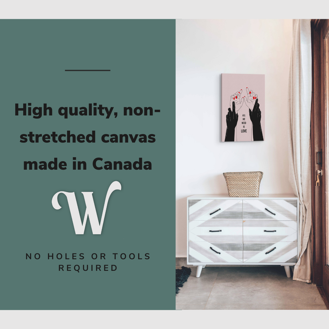Lifestyle image of the vertical, 16x24 inch easy to hang canvas wall art hung in in a bedroom hung over a dresser with graphic saying "High quality, non-stretched canvas made in Canada"