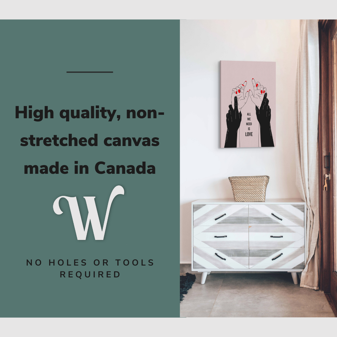 Lifestyle image of the vertical, 20x30 inch easy to hang canvas wall art hung in in a bedroom hung over a dresser with graphic saying "High quality, non-stretched canvas made in Canada"