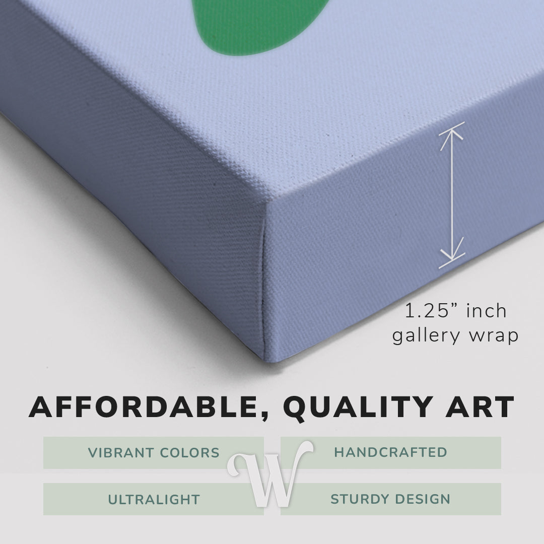 Corner shot of a Whelhung easy to hang canvas print showing the 1.25" inch gallery wrap thickness and graphic saying "Affordable, Quality Art", "Vibrant Colors", "Handcrafted", "Ultralight" and "Sturdy Design."