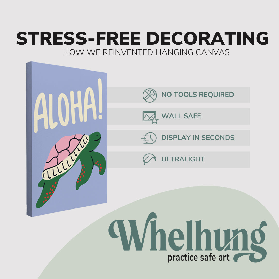 Single, 2:3 ratio vertical easy to hang canvas prints on a graphic displaying the stress-free decorating Whelhung offers, how we reinvented hanging canvas: "no tools required", "wall safe", "display in seconds" and "ultralight."
