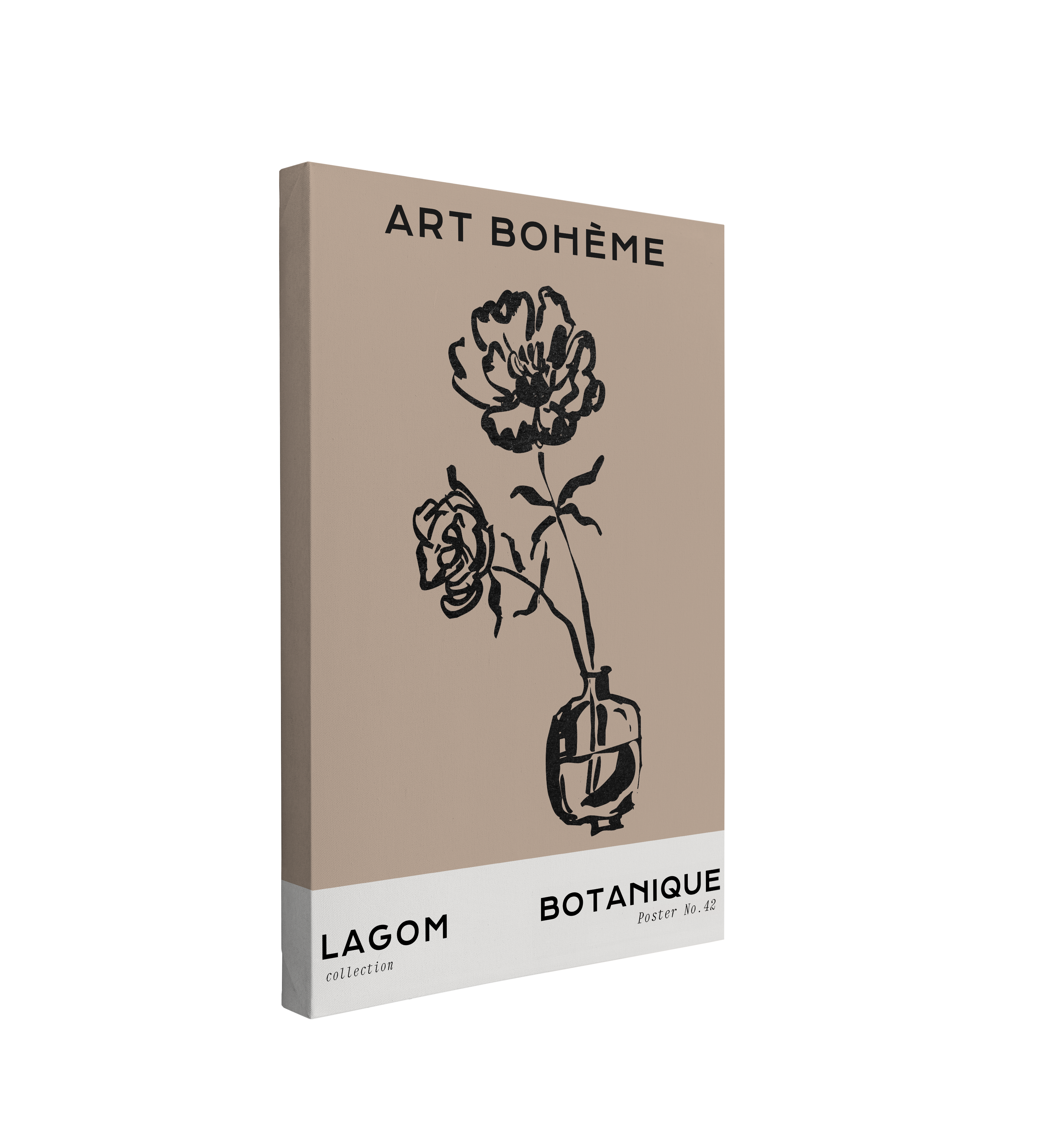 single, 2:3 vertical easy to hang canvas print on a transparent background featuring an image of a minimalist black ink drawing of two flowers in a tiny vase on a brown background with a white rectangle at the bottom. Words, "Art Bohème" at the top, "Lagom collection" on the bottom left and "Botanique Poster No. 42" on the bottom right.