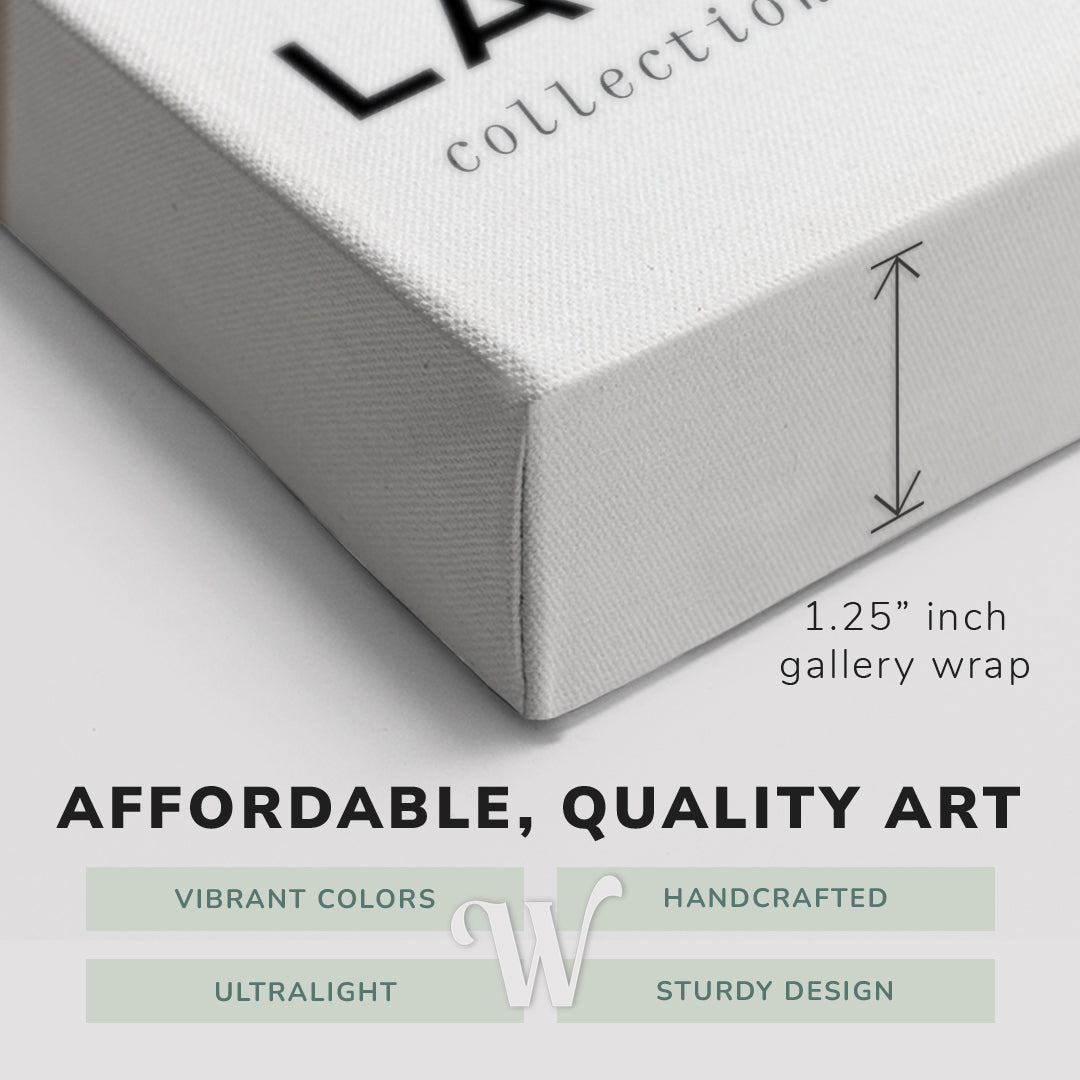 Corner shot of a Whelhung easy to hang canvas print showing the 1.25" inch gallery wrap thickness and graphic saying "Affordable, Quality Art", "Vibrant Colors", "Handcrafted", "Ultralight" and "Sturdy Design."