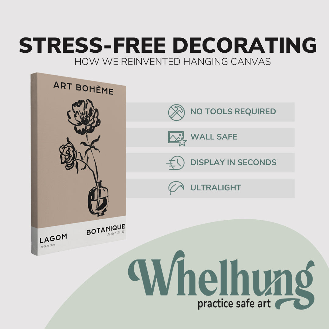 single, 2:3 vertical easy to hang canvas print on a graphic displaying the stress-free decorating Whelhung offers, how we reinvented hanging canvas: "no tools required", "wall safe"", "display in seconds" and "ultralight."