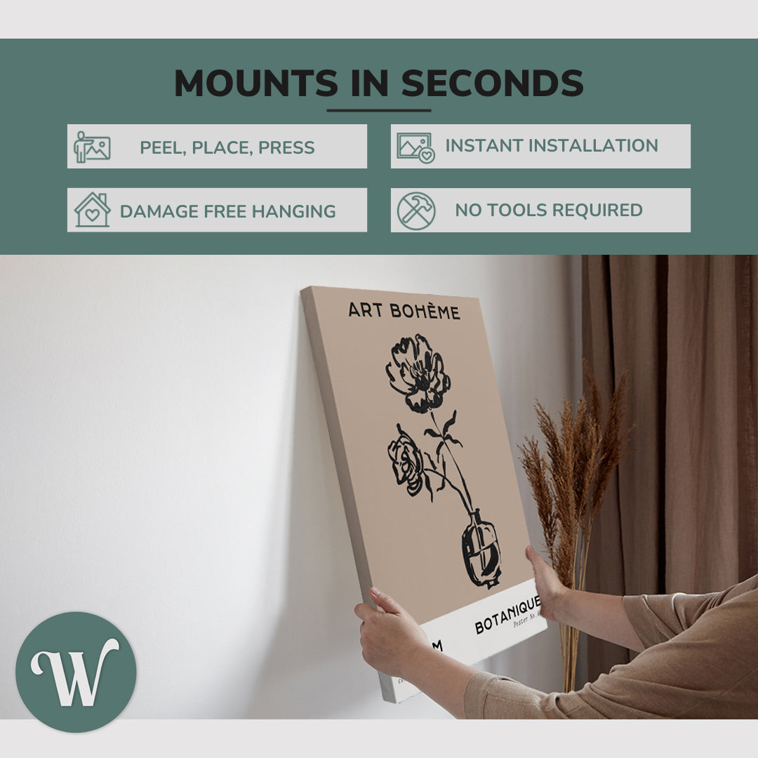 graphic showing hanging a single 2:3 vertical 20x30 inch easy to hang canvas showing how easy it is to hang. Mounts in seconds, "peel, place, press", "instant installation", "damage free hanging" and "no tools required."