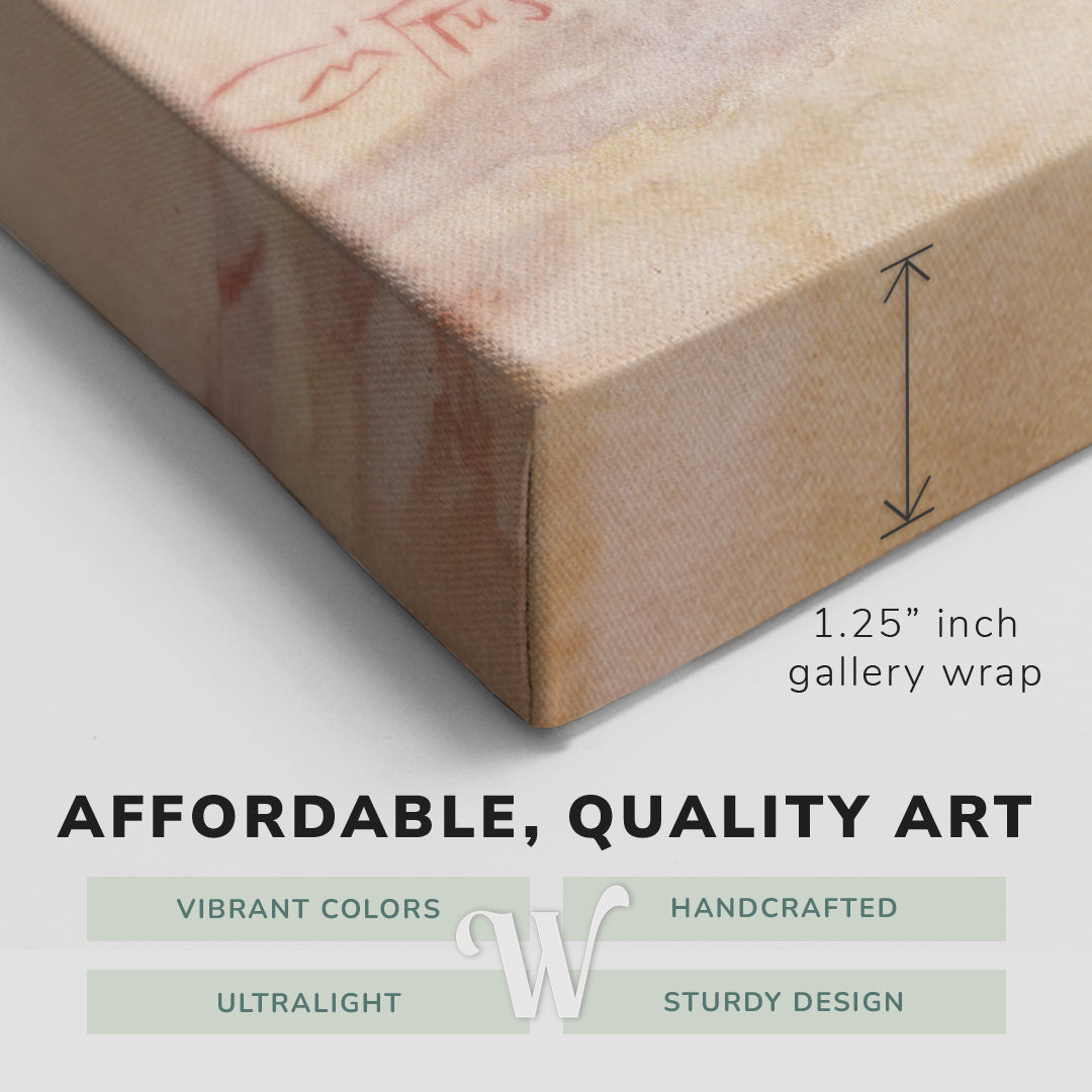 Corner shot of a Whelhung easy to hang canvas print showing the 1.25” inch gallery wrap thickness and graphic saying "Affordable, Quality Art", "Vibrant Colors", "Handcrafted", "Ultralight" and "Sturdy Design."