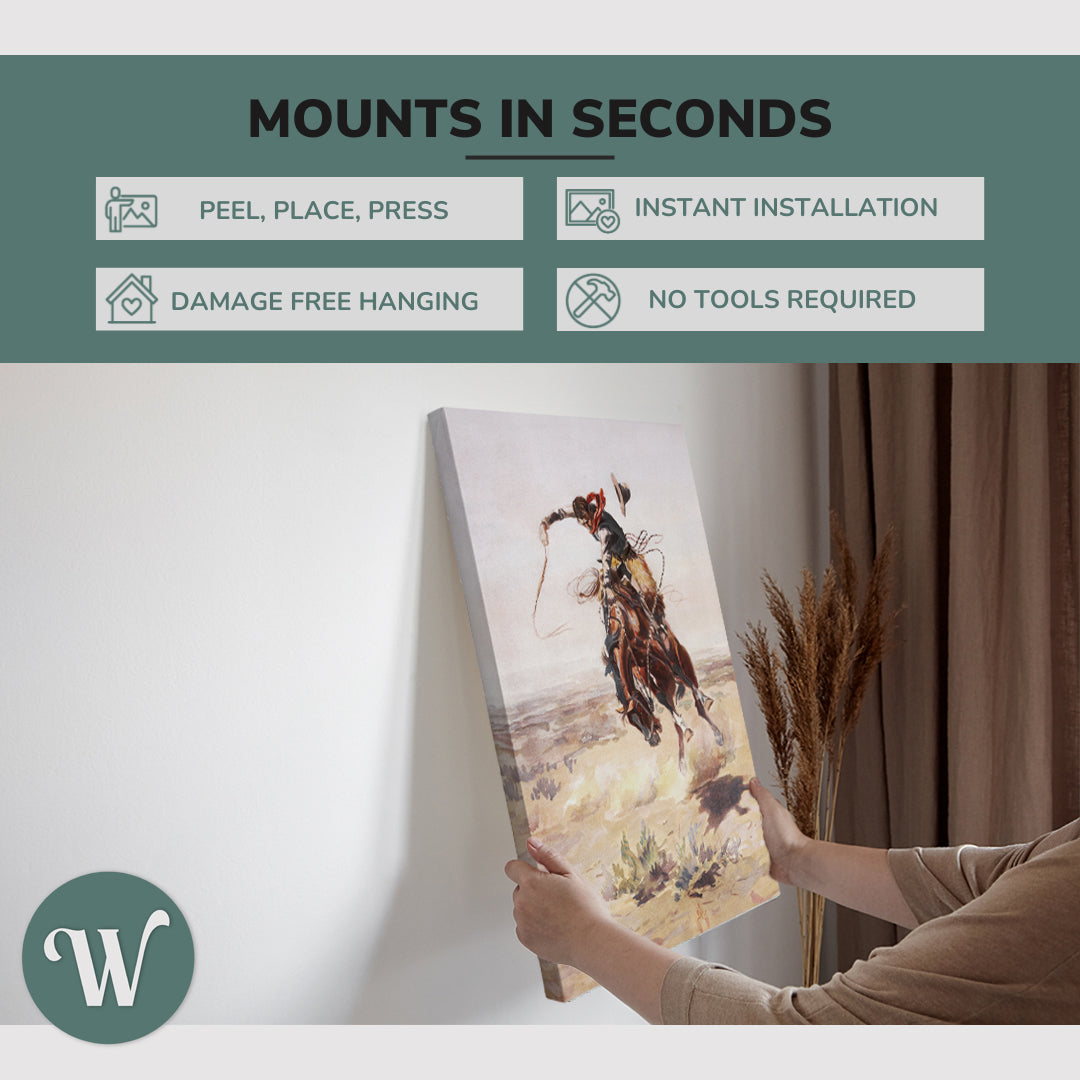 graphic showing hanging a single 2:3 vertical 20x30” inch easy to hang canvas showing how easy it is to hang. Mounts in seconds, "peel, place, press", "instant installation", "damage free hanging" and "no tools required."