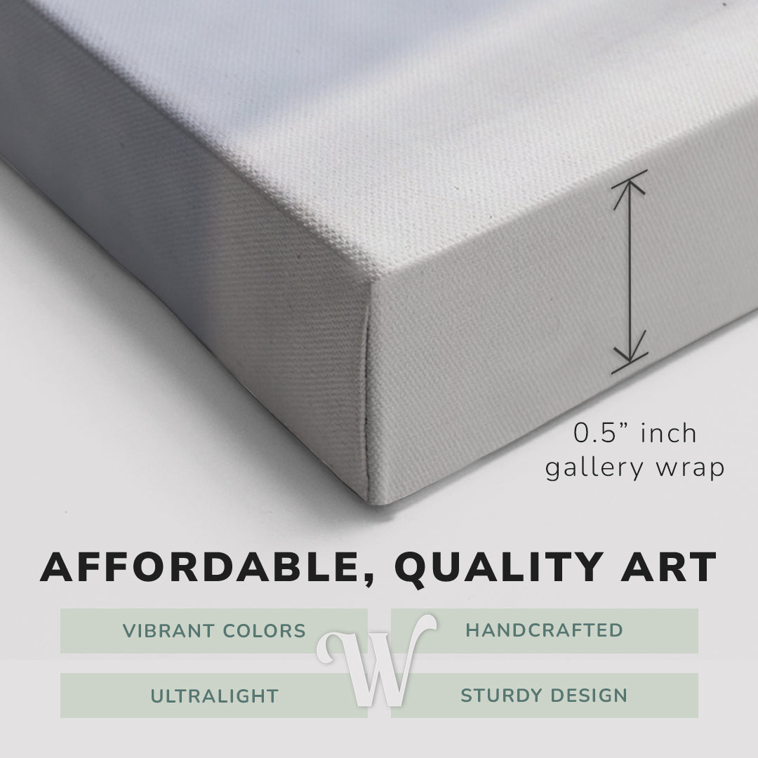 Corner shot of a Whelhung easy to hang canvas print showing the 0.5” inch gallery wrap thickness and graphic saying "Affordable, Quality Art", "Vibrant Colors", "Handcrafted", "Ultralight" and "Sturdy Design."