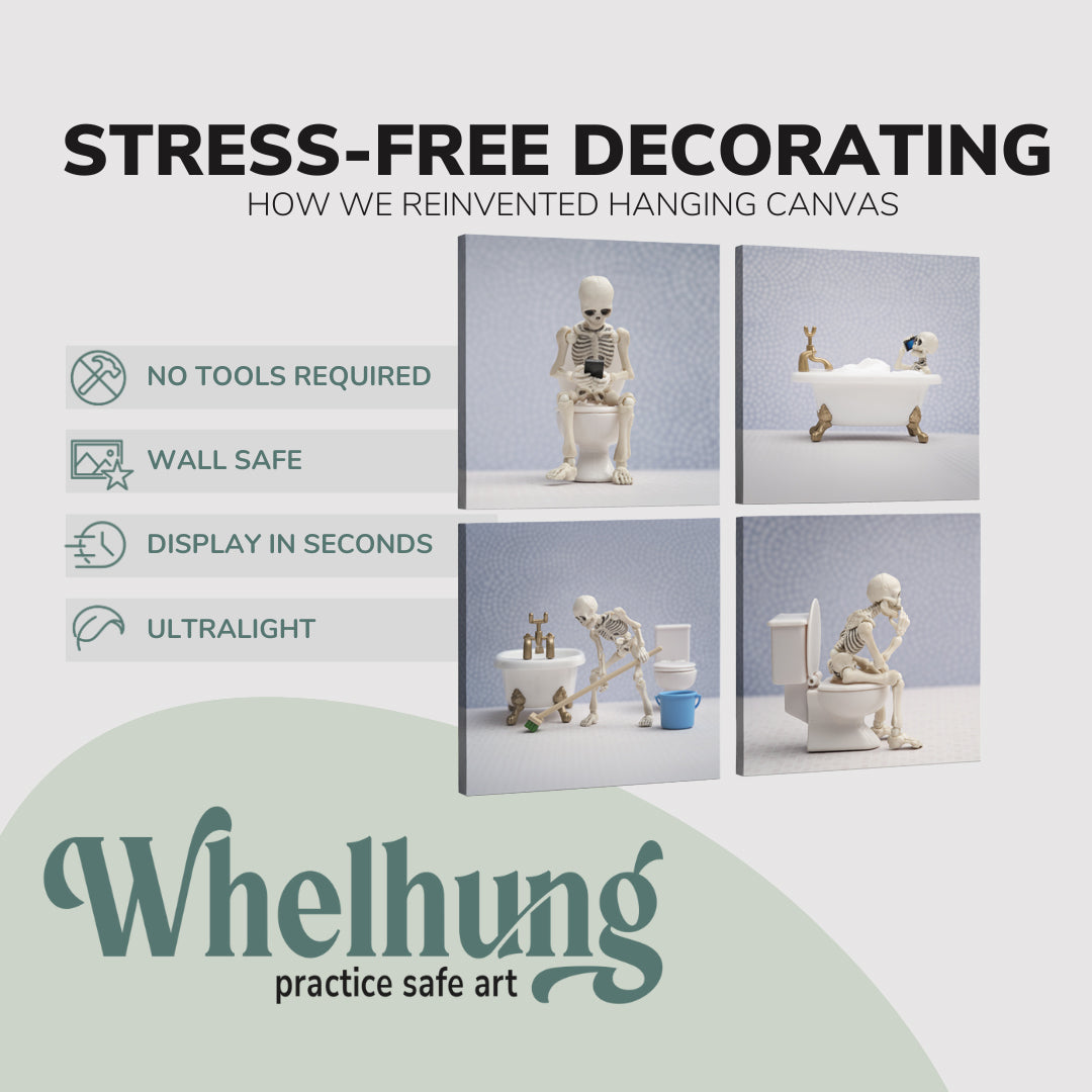 Set of 4, square easy to hang canvas prints on a graphic displaying the stress-free decorating Whelhung offers, how we reinvented hanging canvas: "no tools required", "wall safe", "display in seconds" and "ultralight."