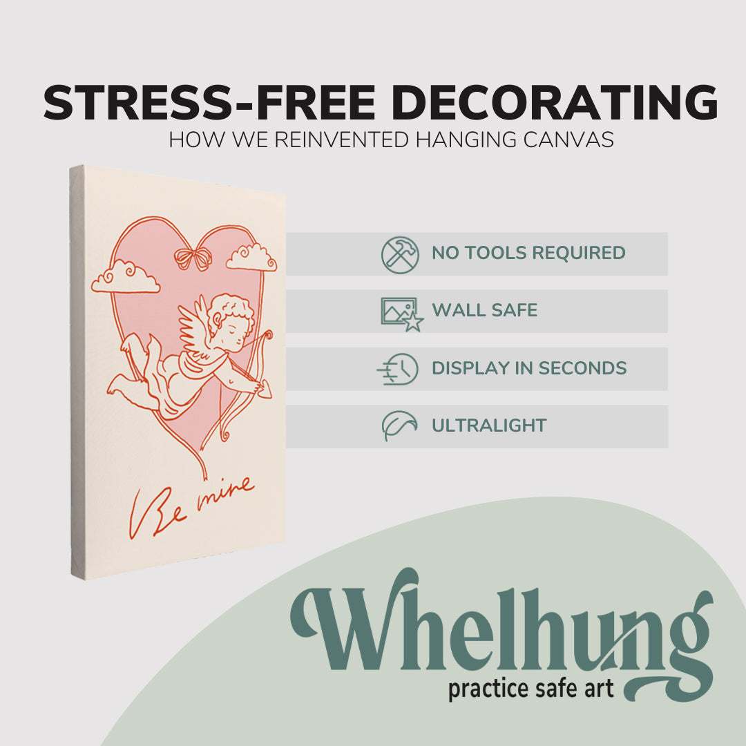 single, 2:3 vertical easy to hang canvas print on a graphic displaying the stress-free decorating Whelhung offers, how we reinvented hanging canvas: "no tools required", "wall safe"", "display in seconds" and "ultralight."