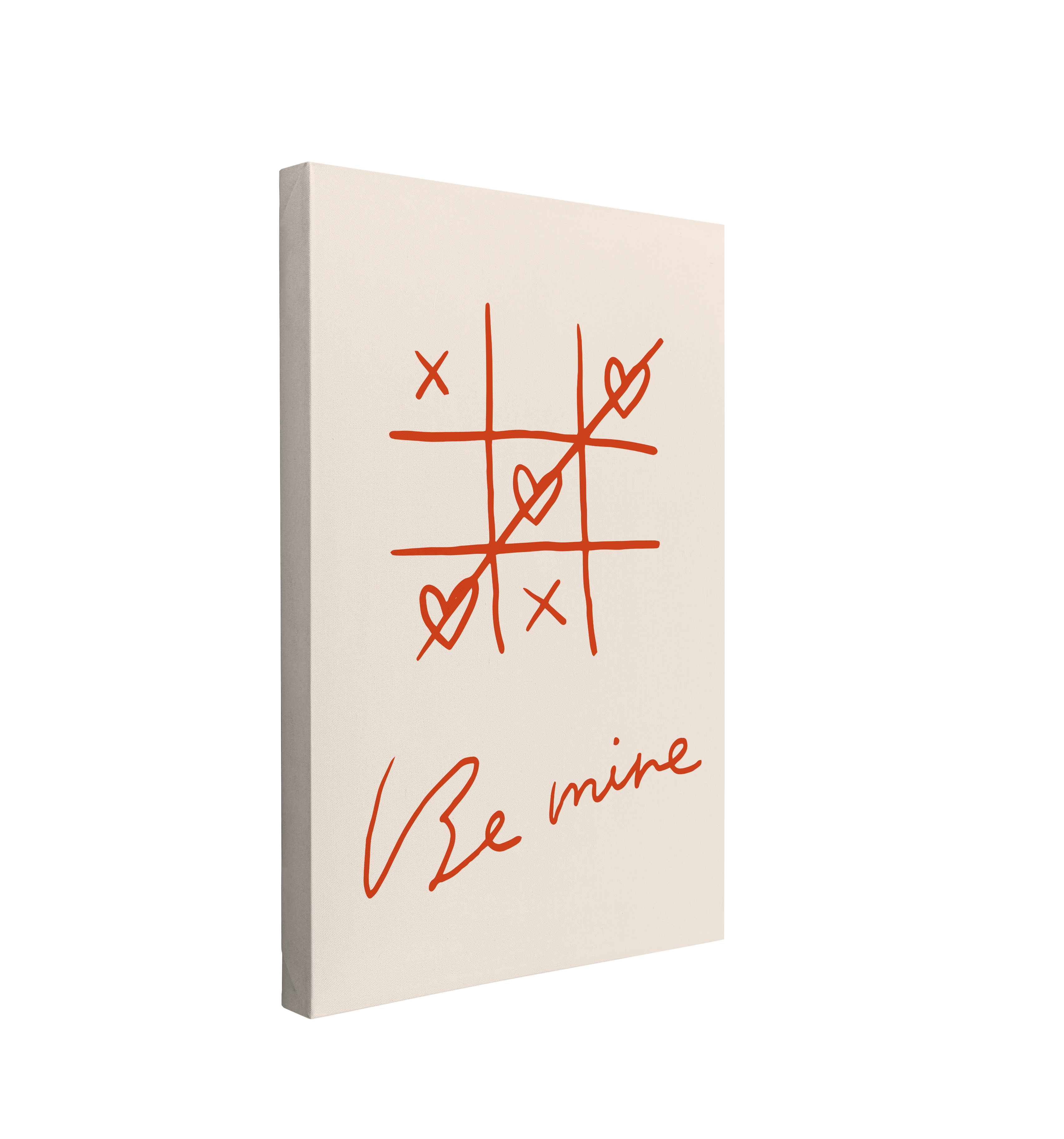 single, 2:3 vertical easy to hang canvas print on a transparent background featuring an image of a tic tac toe game of hearts and x's in red on a beige background with the words "Be Mine" under it