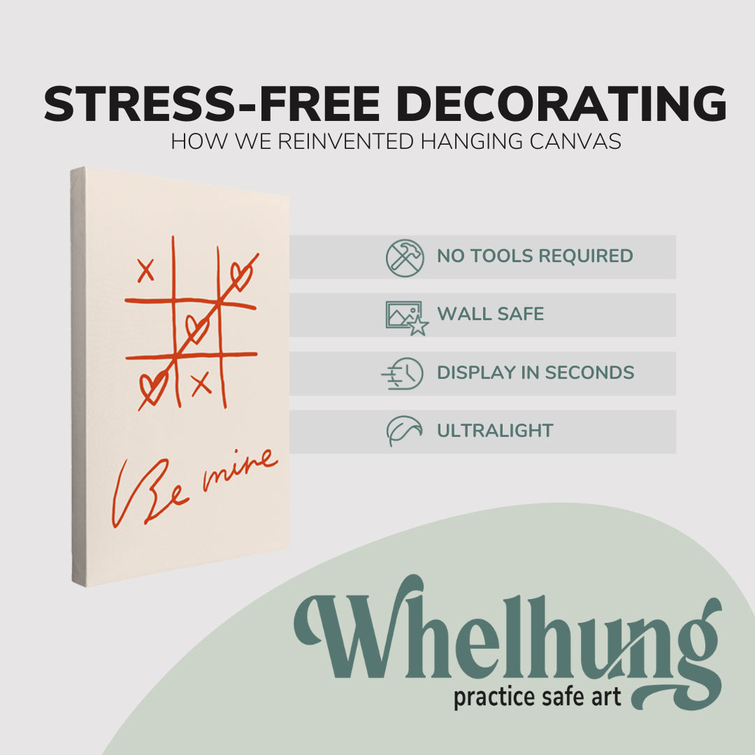 single, 2:3 vertical easy to hang canvas print on a graphic displaying the stress-free decorating Whelhung offers, how we reinvented hanging canvas: "no tools required", "wall safe"", "display in seconds" and "ultralight."