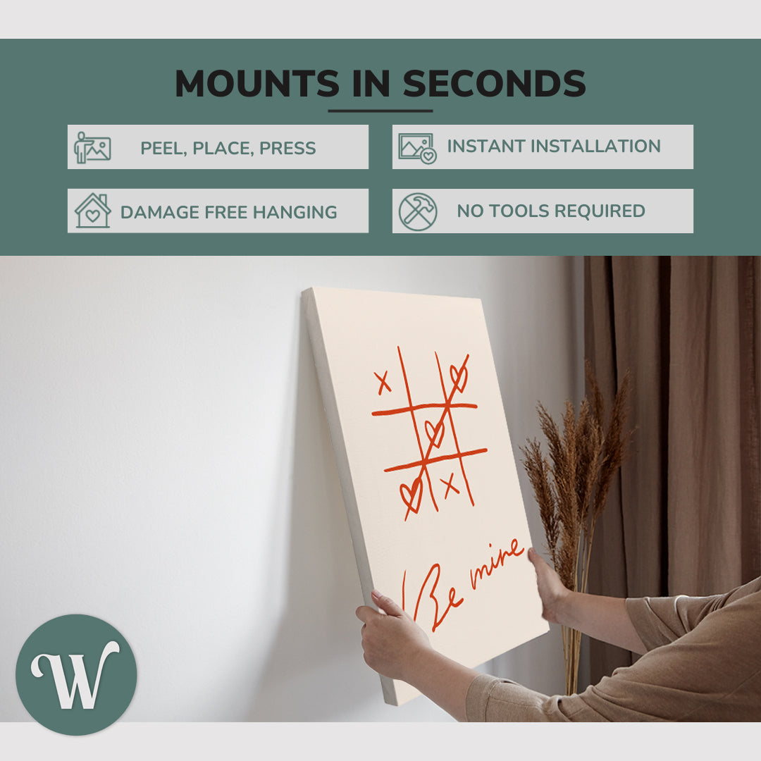 graphic showing hanging a single 2:3 vertical 20x30 inch easy to hang canvas showing how easy it is to hang. Mounts in seconds, "peel, place, press", "instant installation", "damage free hanging" and "no tools required."