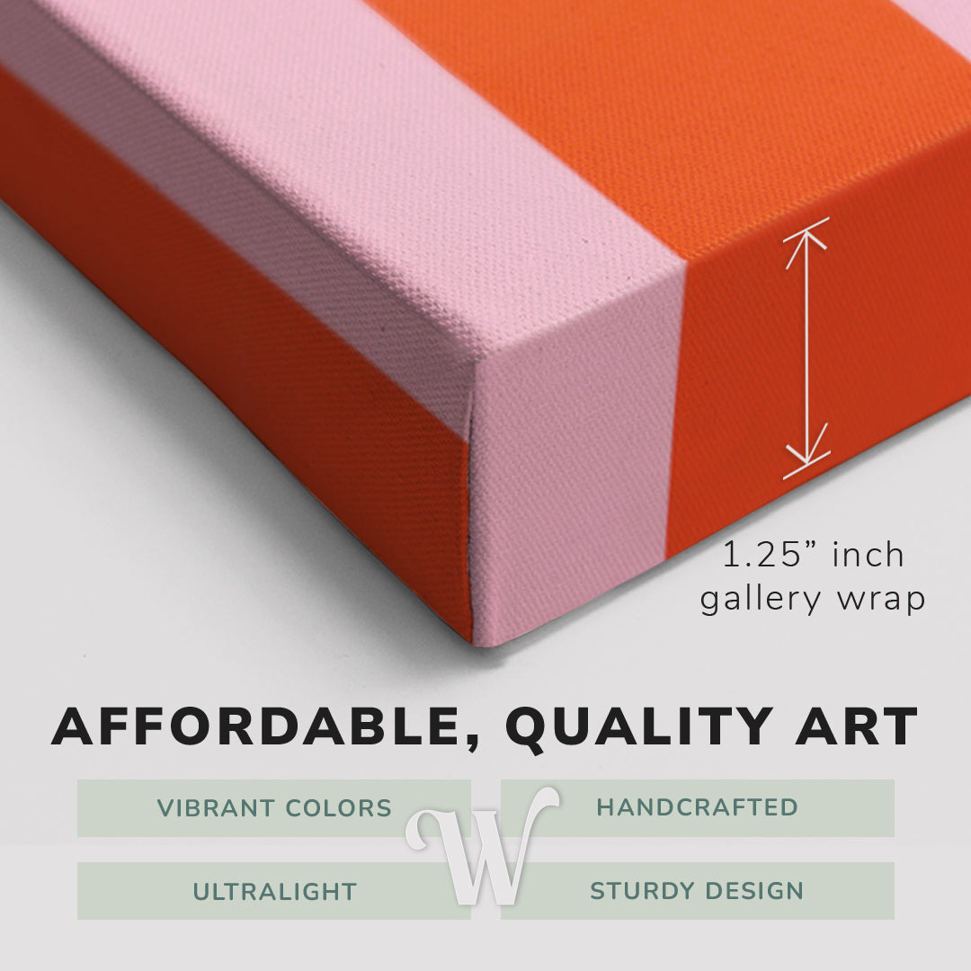 Corner shot of a Whelhung easy to hang canvas print showing the 1.25" inch gallery wrap thickness and graphic saying "Affordable, Quality Art", "Vibrant Colors", "Handcrafted", "Ultralight" and "Sturdy Design."