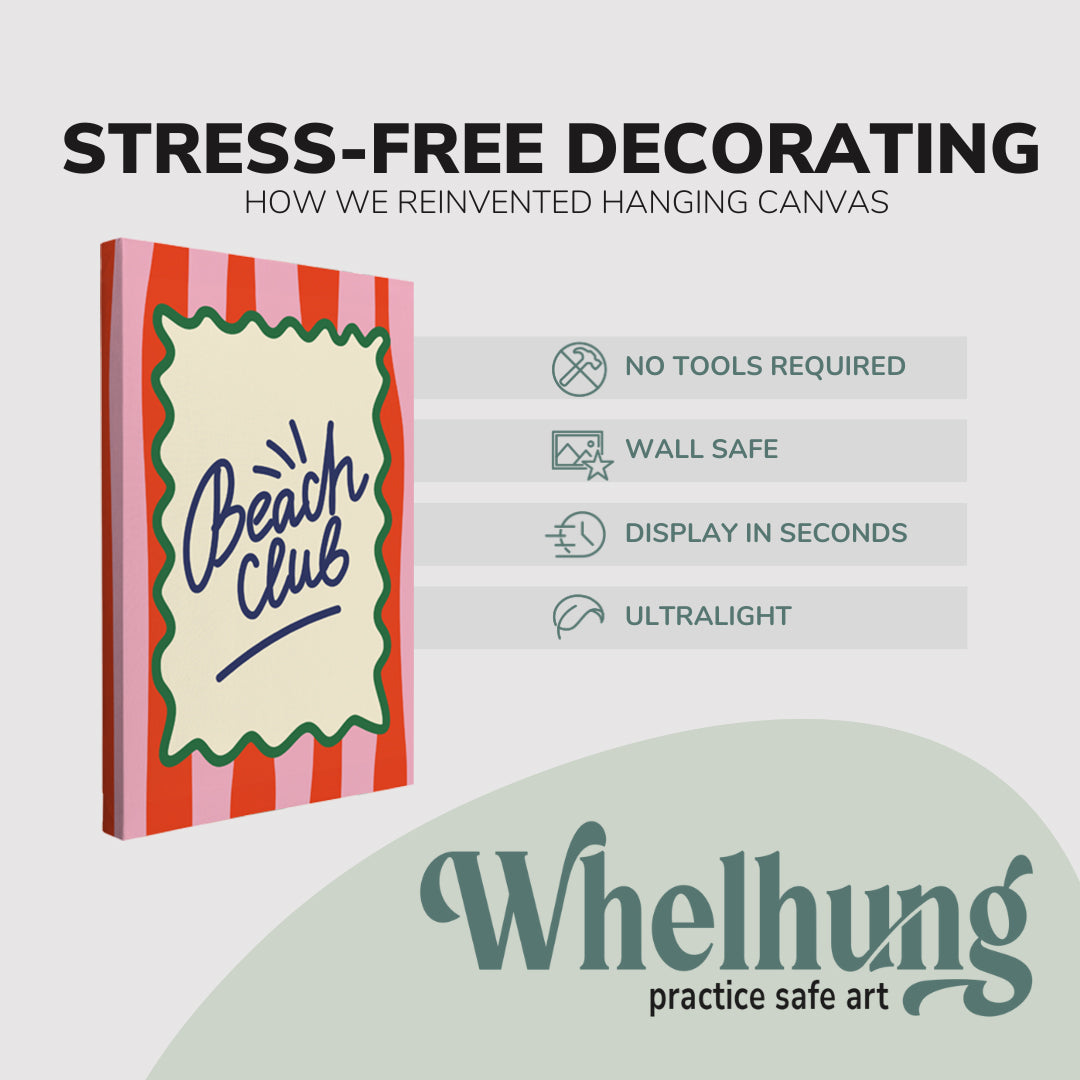 Single, 2:3 vertical easy to hang canvas prints on a graphic displaying the stress-free decorating Whelhung offers, how we reinvented hanging canvas: "no tools required", "wall safe", "display in seconds" and "ultralight."