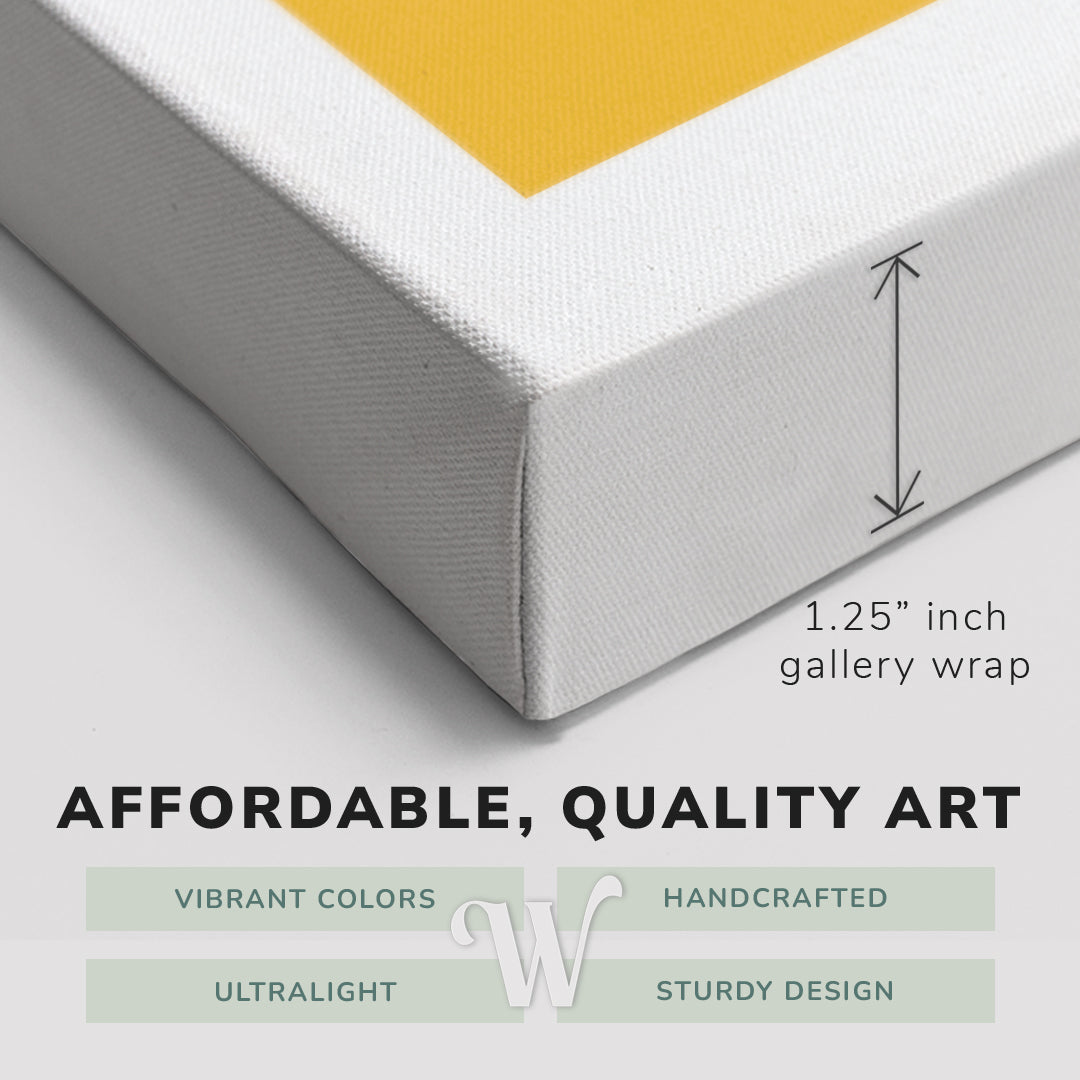 Corner shot of a Whelhung easy to hang canvas print showing the 1.25” inch gallery wrap thickness and graphic saying "Affordable, Quality Art", "Vibrant Colors", "Handcrafted", "Ultralight" and "Sturdy Design."