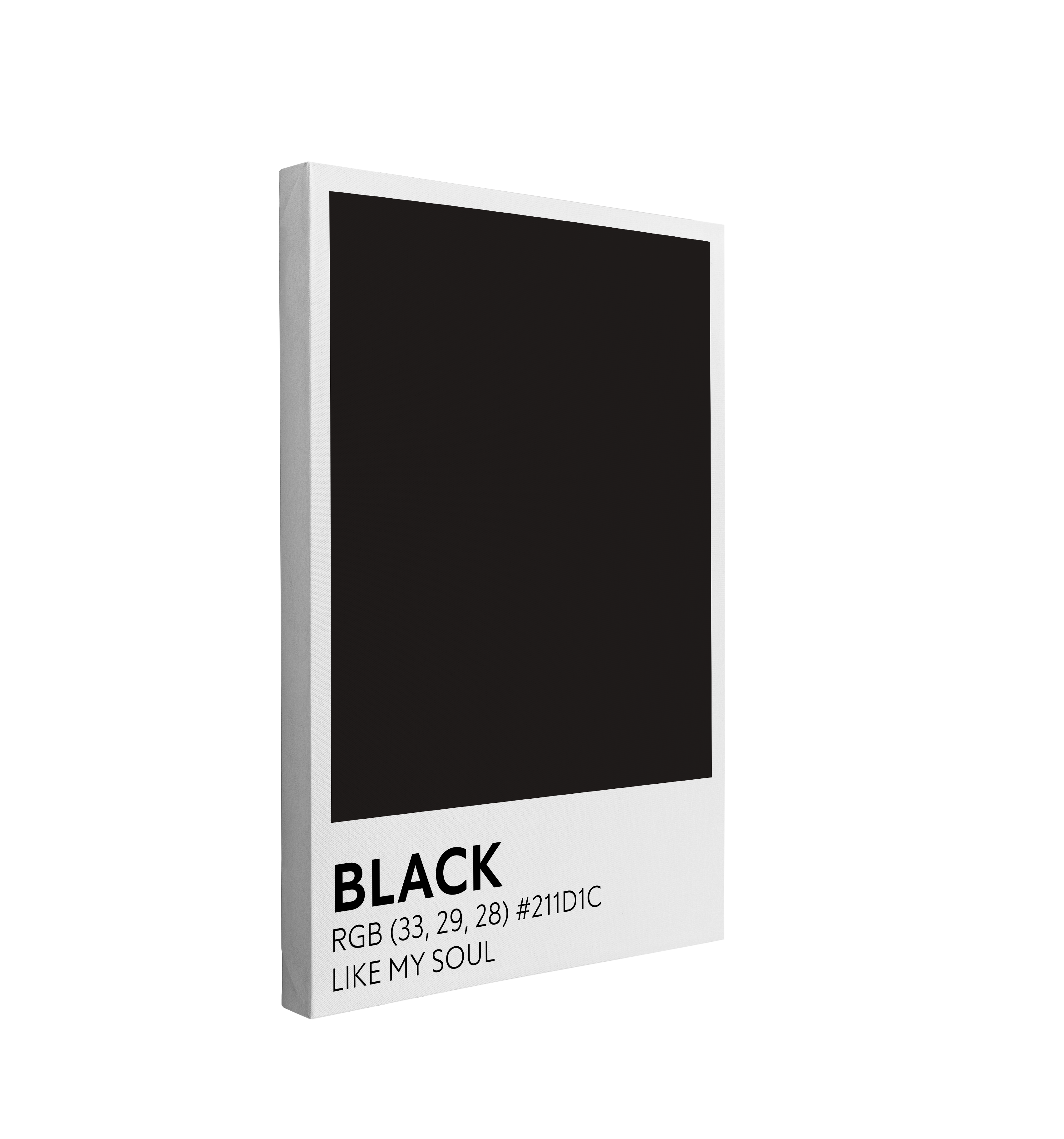 single, 2:3 vertical easy to hang canvas print on a transparent background featuring an image of a black color swatch labeled "Black" with the RBG code and "Like My Soul" at the bottom