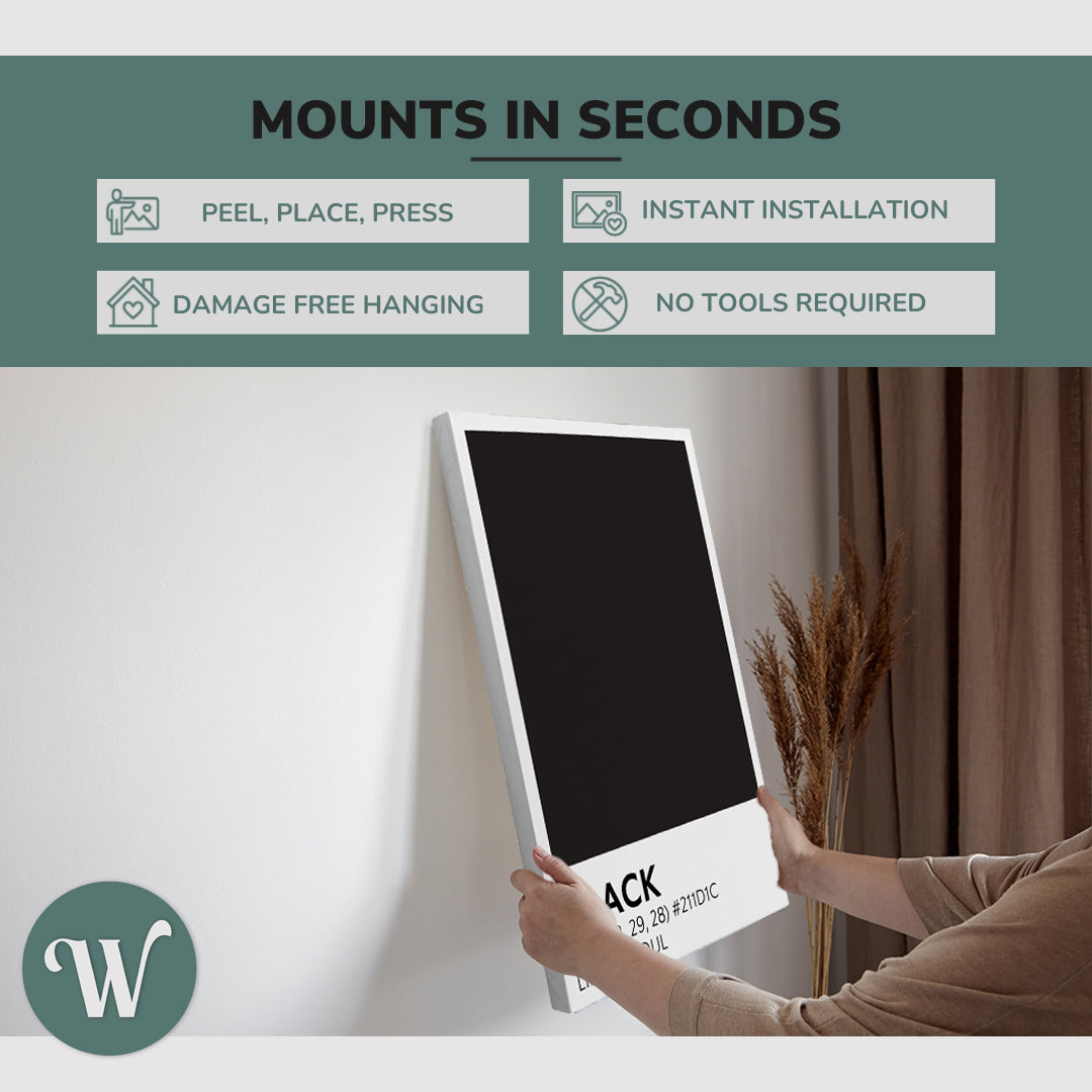 graphic showing hanging a single 2:3 vertical 20x30 inch easy to hang canvas showing how easy it is to hang. Mounts in seconds, "peel, place, press", "instant installation", "damage free hanging" and "no tools required."