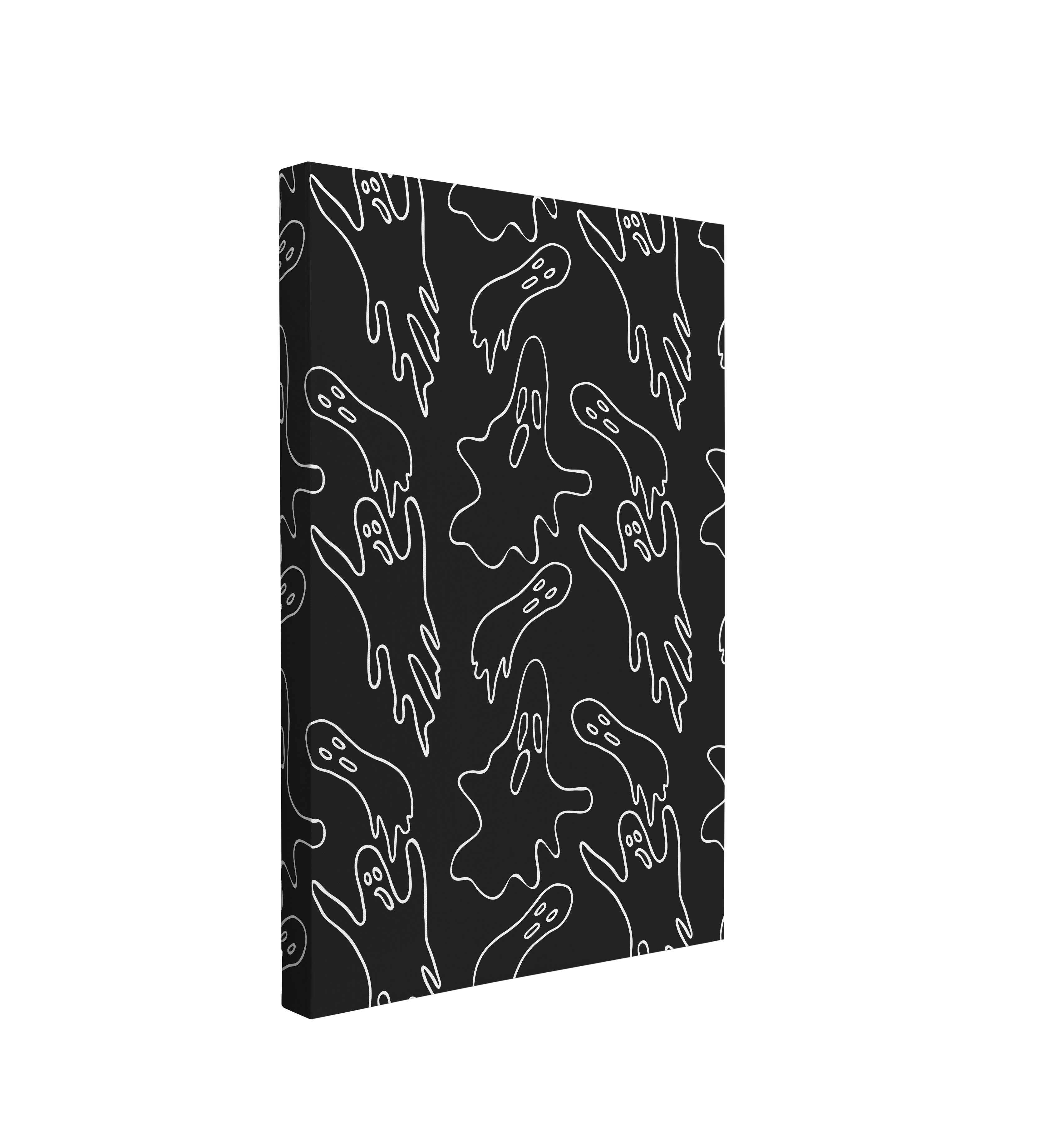single, 2:3 vertical easy to hang canvas print on a transparent background featuring an image of white lineart minimalist ghosts drawn in a silly pattern on a dark grey background