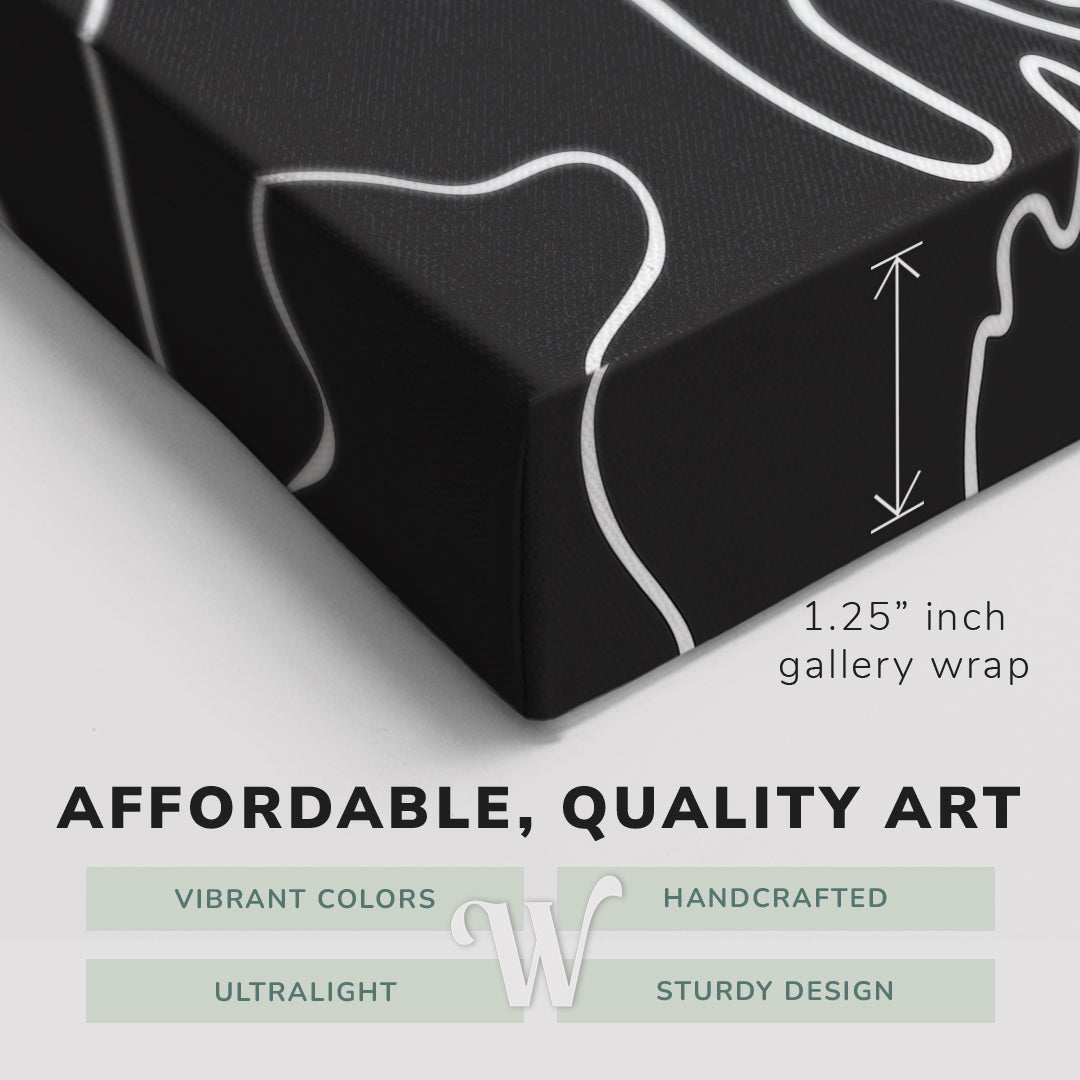 Corner shot of a Whelhung easy to hang canvas print showing the 1.25" inch gallery wrap thickness and graphic saying "Affordable, Quality Art", "Vibrant Colors", "Handcrafted", "Ultralight" and "Sturdy Design."