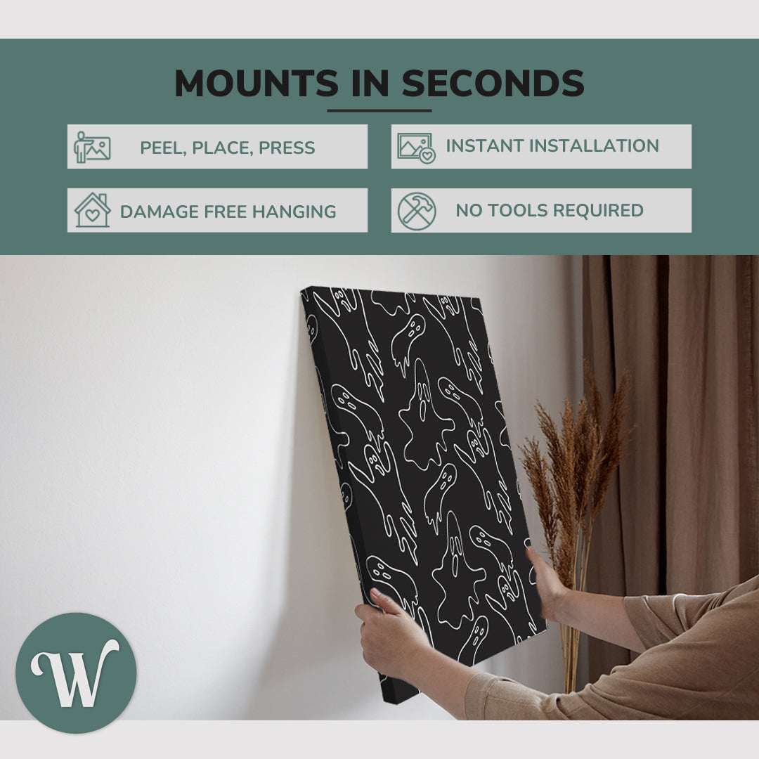 graphic showing hanging a single 2:3 vertical 20x30 inch easy to hang canvas showing how easy it is to hang. Mounts in seconds, "peel, place, press", "instant installation", "damage free hanging" and "no tools required."