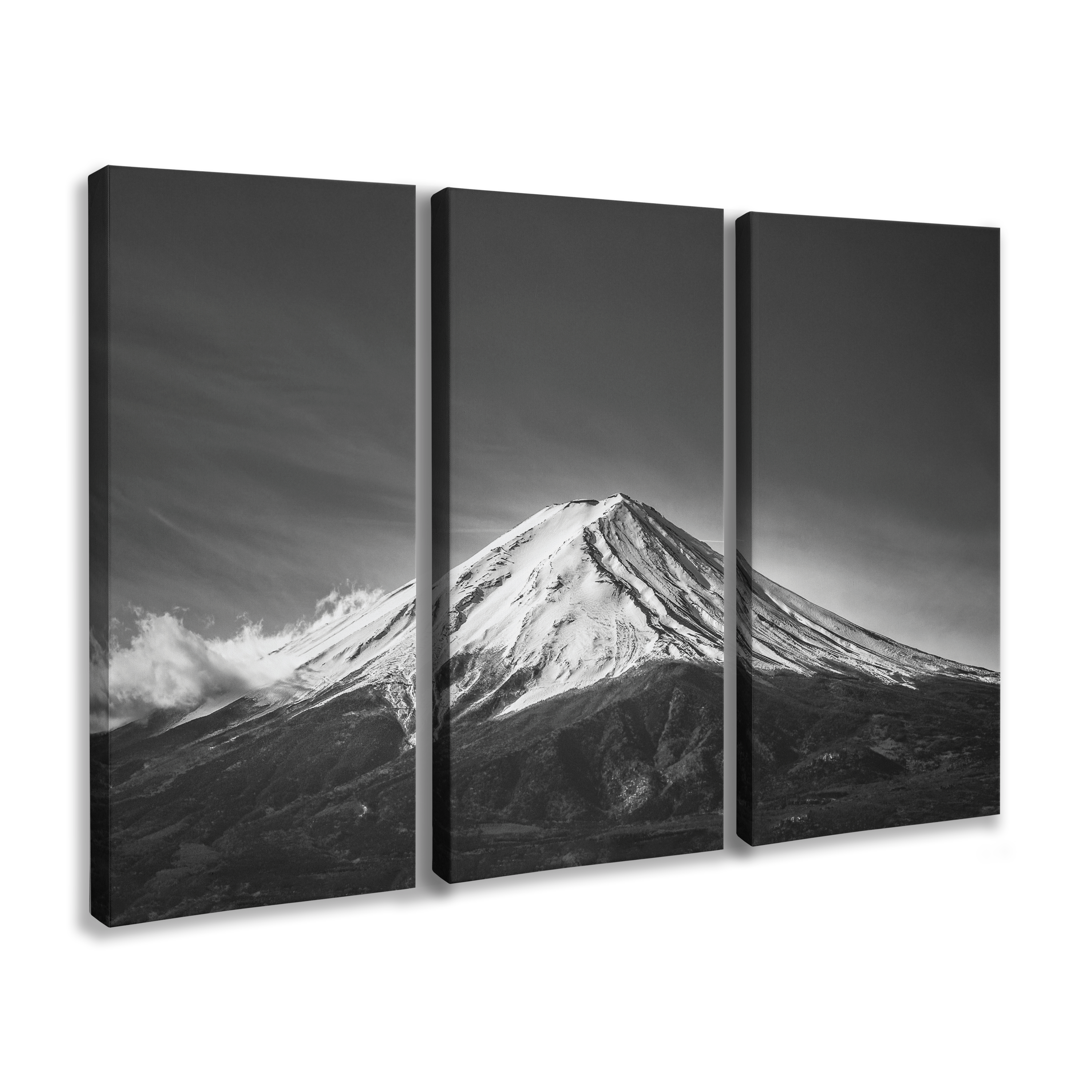 3 Panel, 2:1 vertical easy to hang canvas print on a transparent background featuring an image of three parts of a full photograph of a black and white photograph of Mount Fuji in Japan