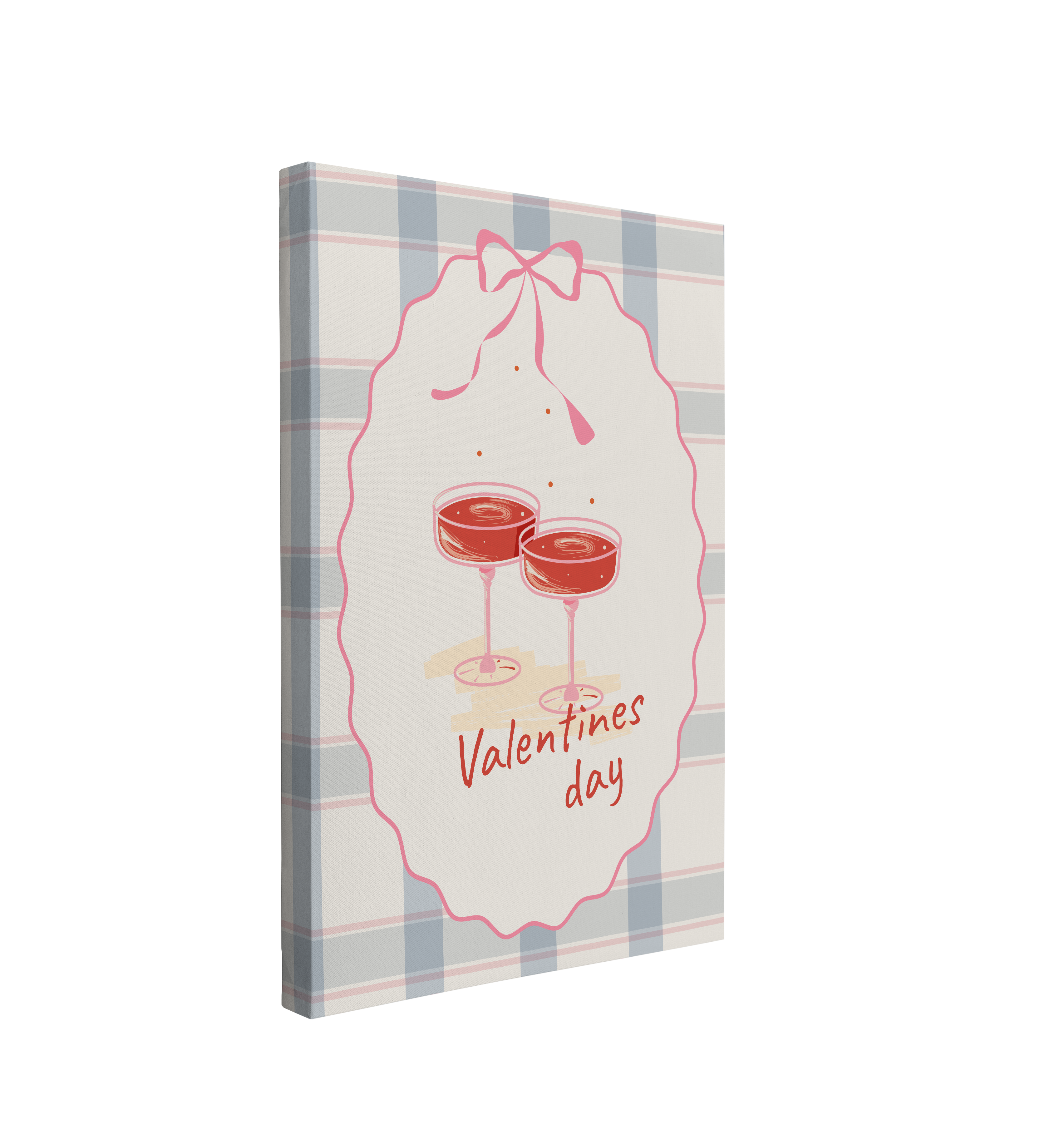 single, 2:3 vertical easy to hang canvas print on a transparent background featuring an image of two glasses of red wine surrounded by a blue plaid and pink ribbon framing with red font, "Valentine's Day"