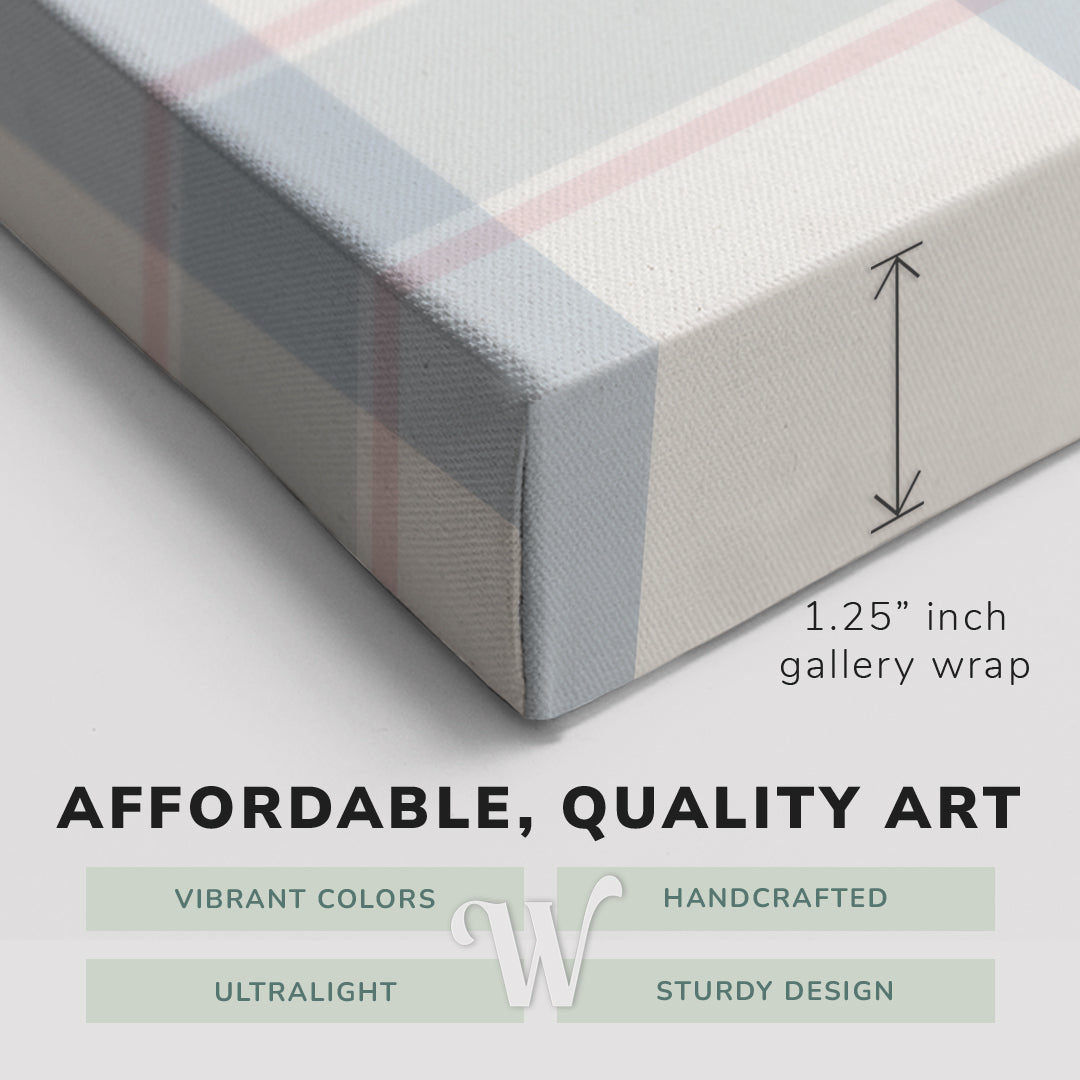 Corner shot of a Whelhung easy to hang canvas print showing the 1.25" inch gallery wrap thickness and graphic saying "Affordable, Quality Art", "Vibrant Colors", "Handcrafted", "Ultralight" and "Sturdy Design."