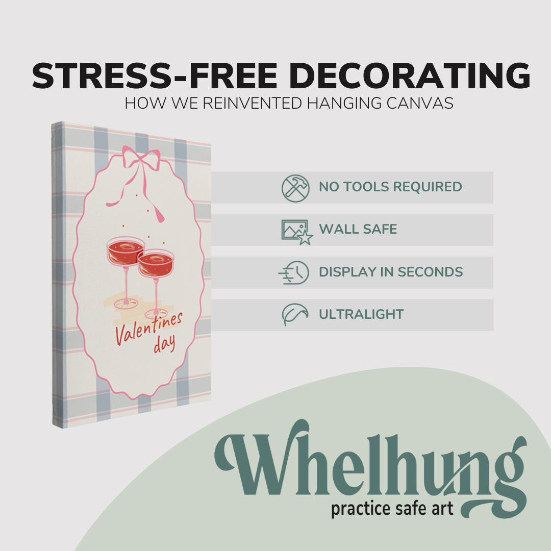 single, 2:3 vertical easy to hang canvas print on a graphic displaying the stress-free decorating Whelhung offers, how we reinvented hanging canvas: "no tools required", "wall safe"", "display in seconds" and "ultralight."