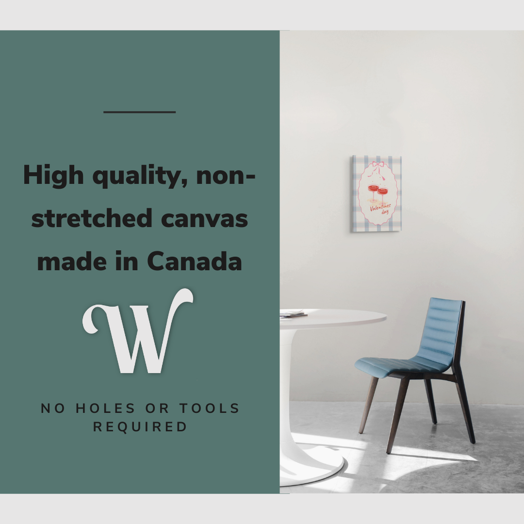 Lifestyle image of the vertical, 12x18 inch easy to hang canvas wall art hung in in a dining room hung over the dining room table with graphic saying "High quality, non-stretched canvas made in Canada"