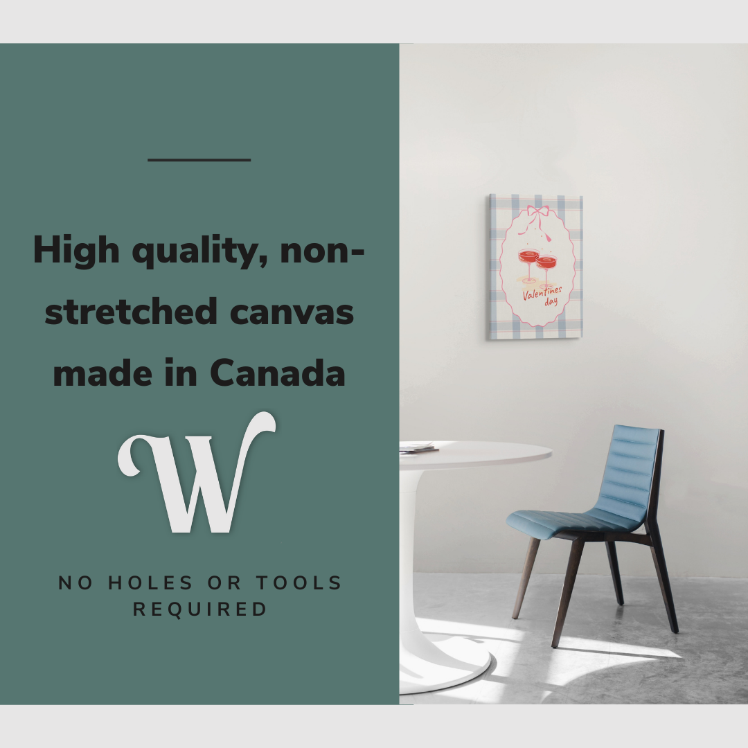 Lifestyle image of the vertical, 16x24 inch easy to hang canvas wall art hung in in a dining room hung over the dining room table with graphic saying "High quality, non-stretched canvas made in Canada"