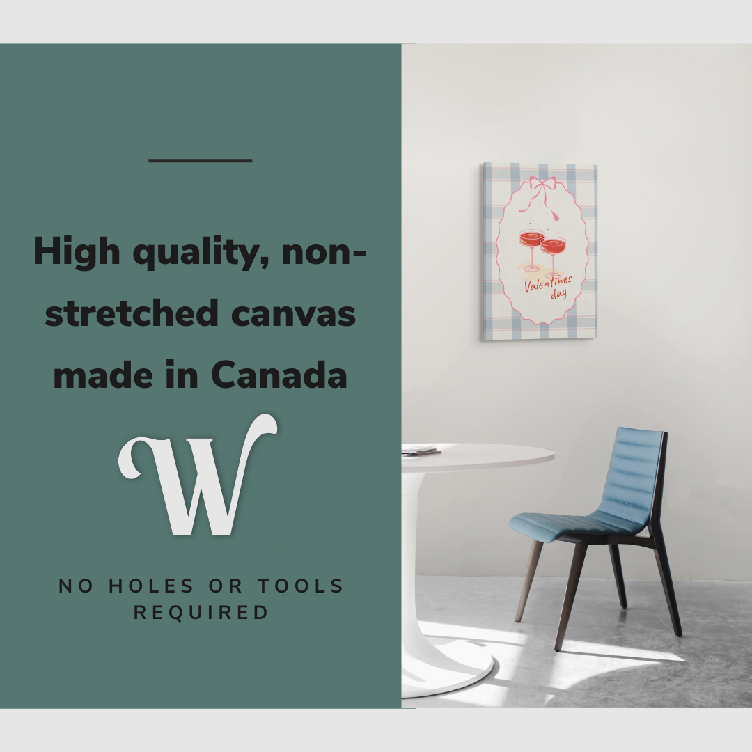 Lifestyle image of the vertical, 20x30 inch easy to hang canvas wall art hung in in a dining room hung over the dining room table with graphic saying "High quality, non-stretched canvas made in Canada"