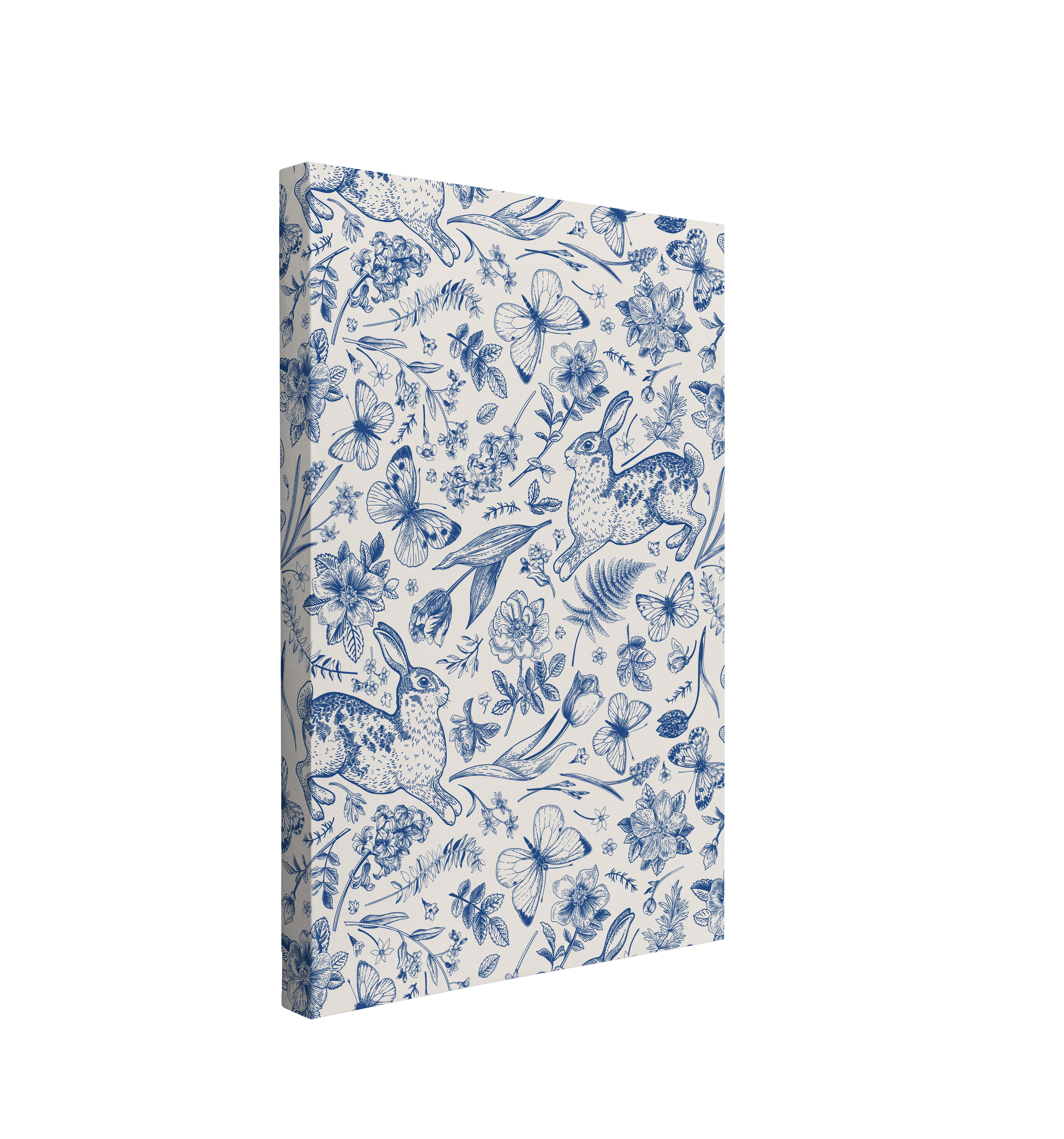 single, 2:3 vertical easy to hang canvas print on a transparent background featuring an image of vintage pattern of rabbits, florals, botanicals and butterflies in blue on a light beige background