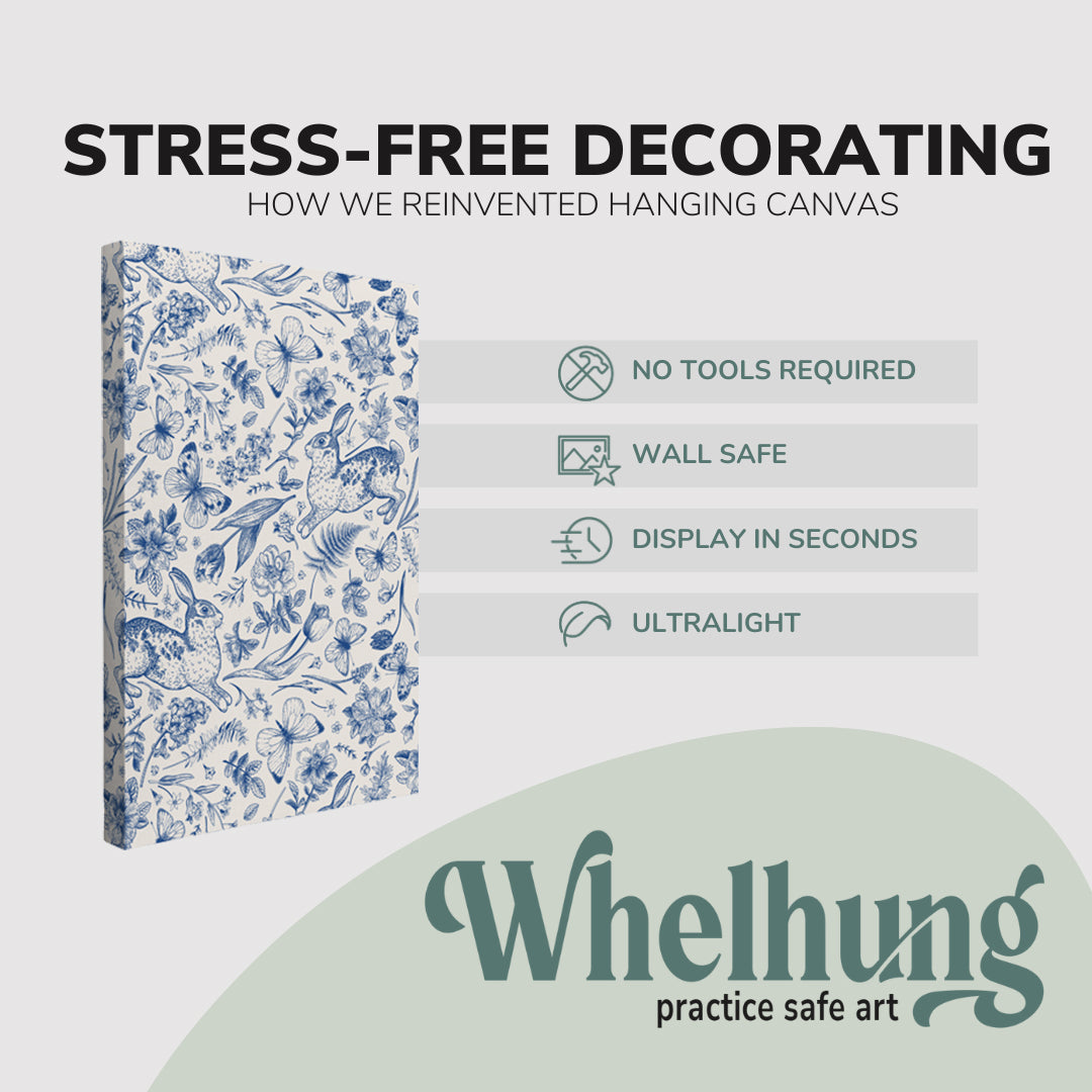 single, 2:3 vertical easy to hang canvas print on a graphic displaying the stress-free decorating Whelhung offers, how we reinvented hanging canvas: "no tools required", "wall safe"", "display in seconds" and "ultralight."