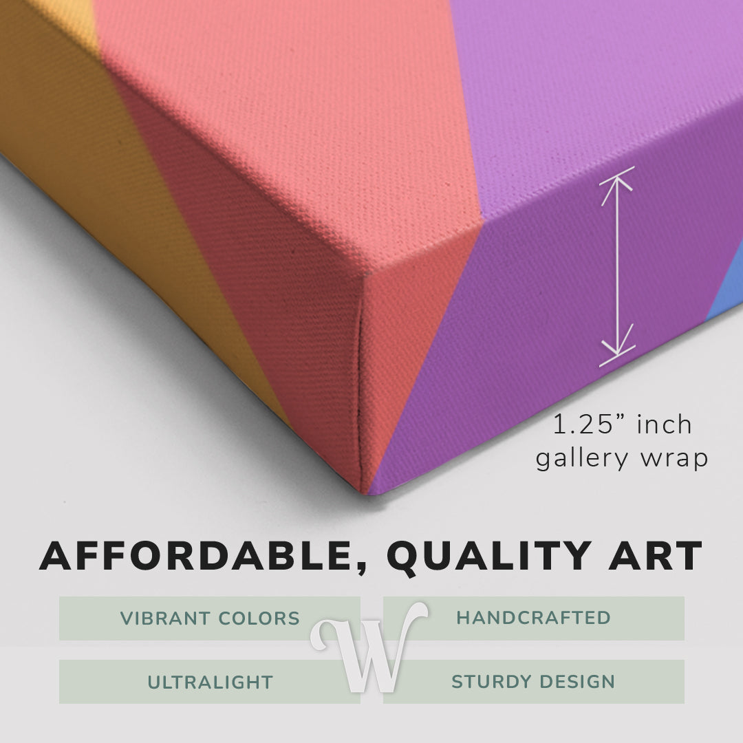 Corner shot of a Whelhung easy to hang canvas print showing the 1.25" inch gallery wrap thickness and graphic saying "Affordable, Quality Art", "Vibrant Colors", "Handcrafted", "Ultralight" and "Sturdy Design."
