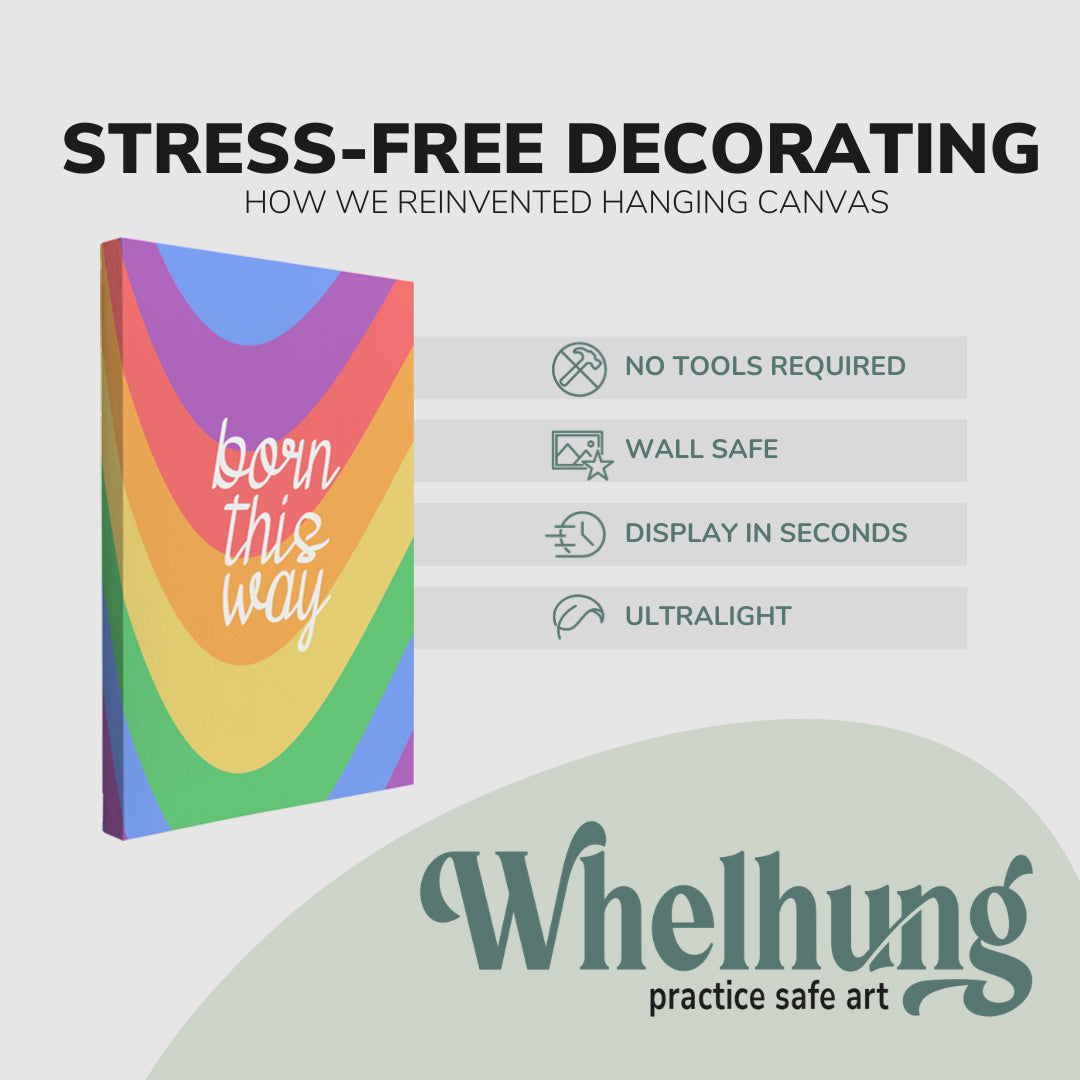 single, 2:3 vertical easy to hang canvas print on a graphic displaying the stress-free decorating Whelhung offers, how we reinvented hanging canvas: "no tools required", "wall safe"", "display in seconds" and "ultralight."